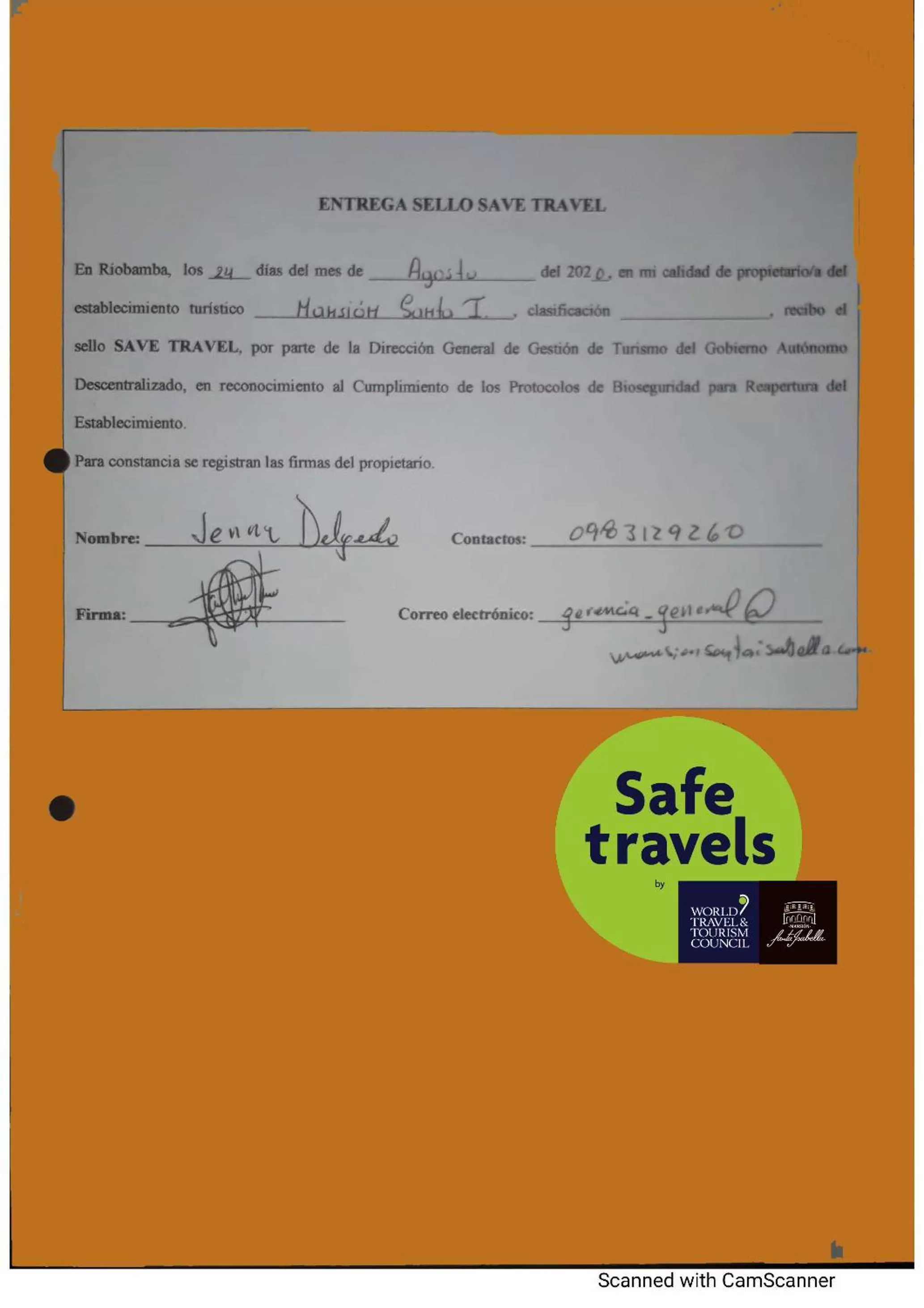 Certificate/Award in Hotel Spa Mansion Santa Isabella