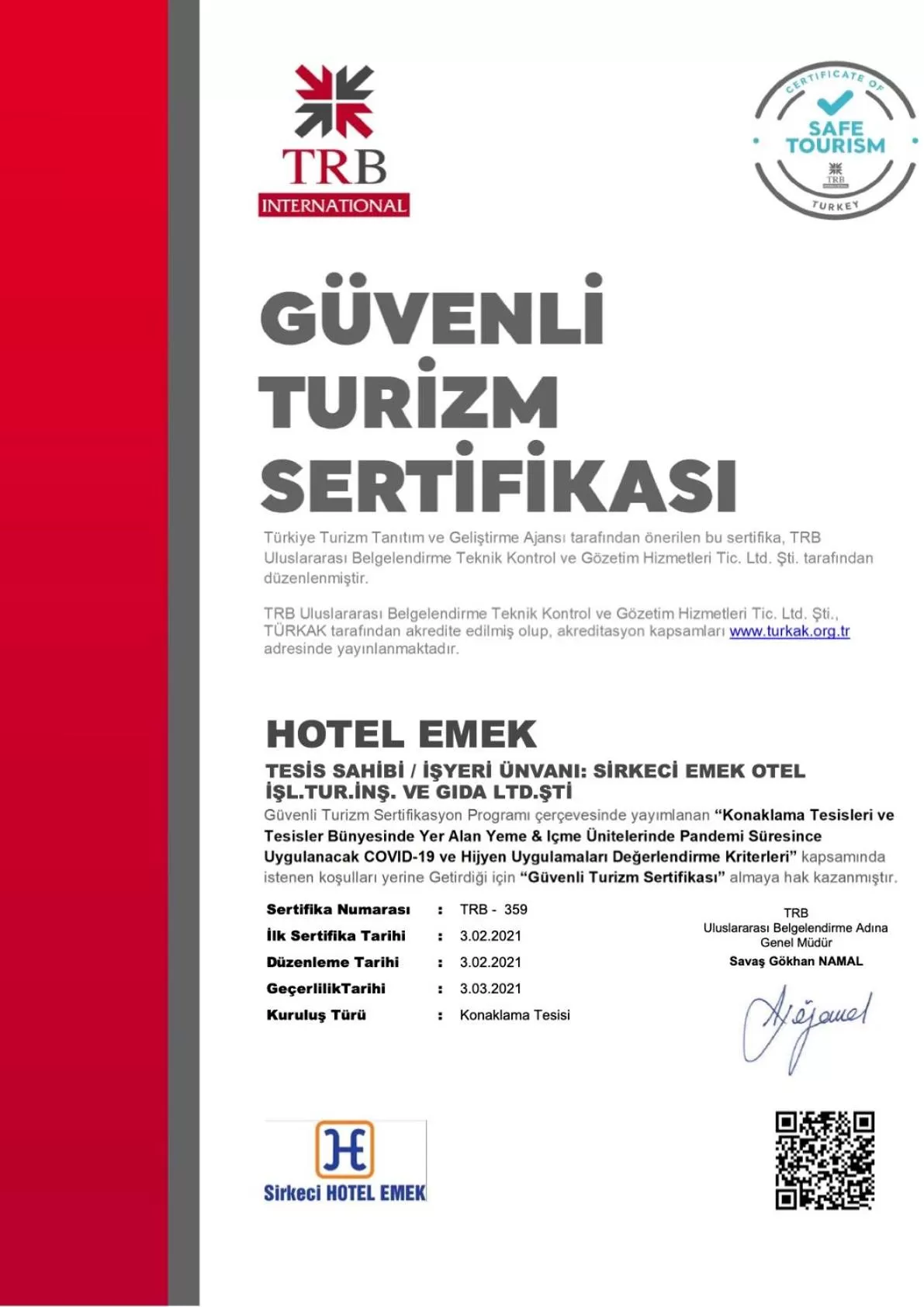 Certificate/Award in Sirkeci Emek Hotel