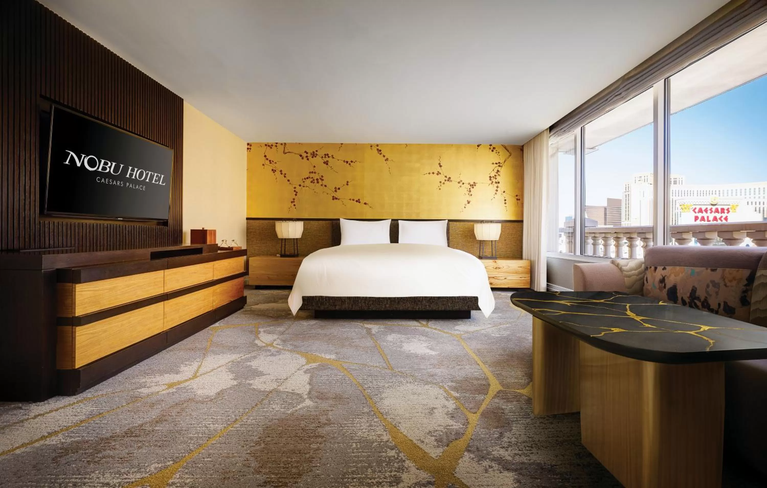 Bedroom, Bed in Nobu Las Vegas, A Caesars Destination