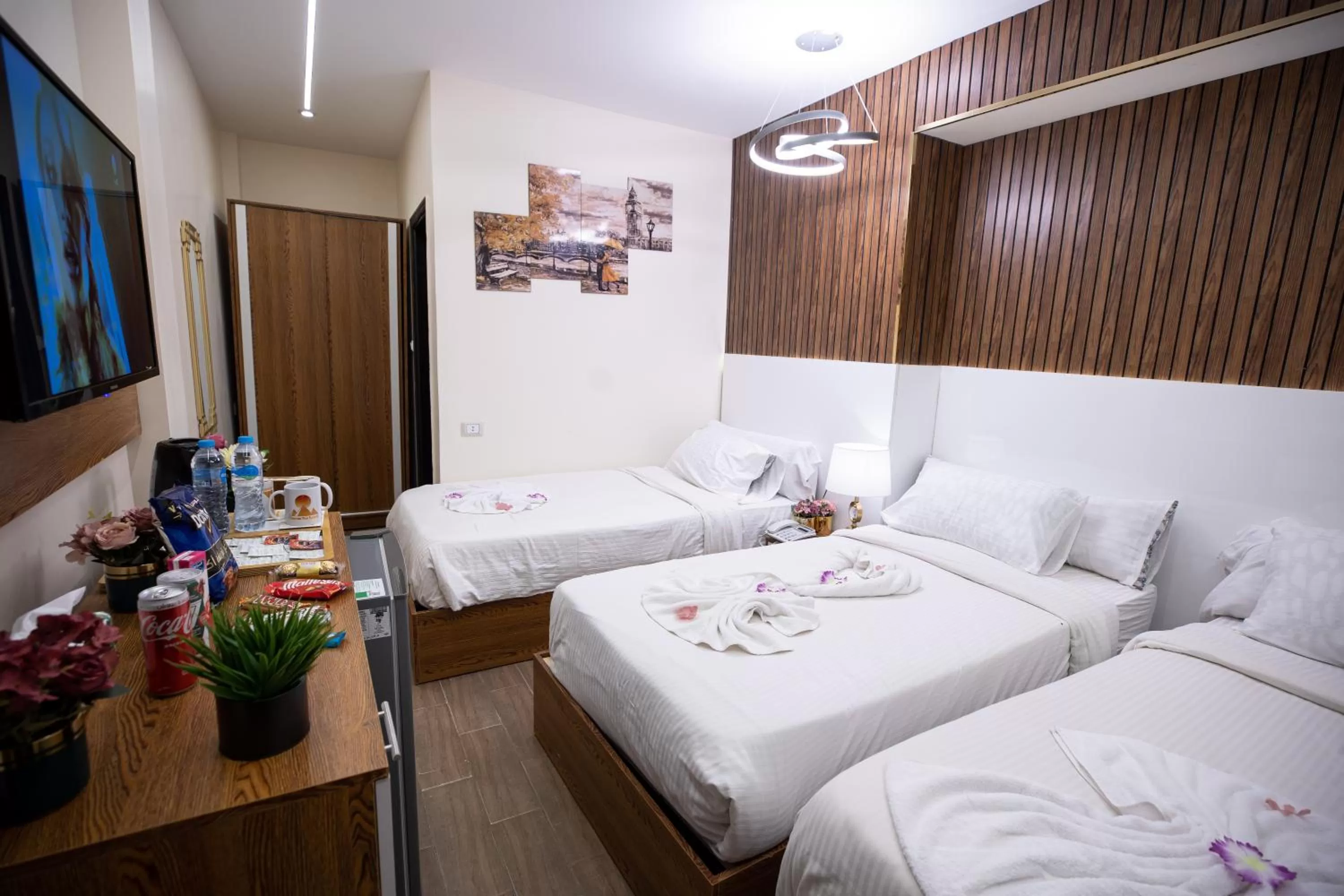 Living room, Bed in PANORAMA view pyramids