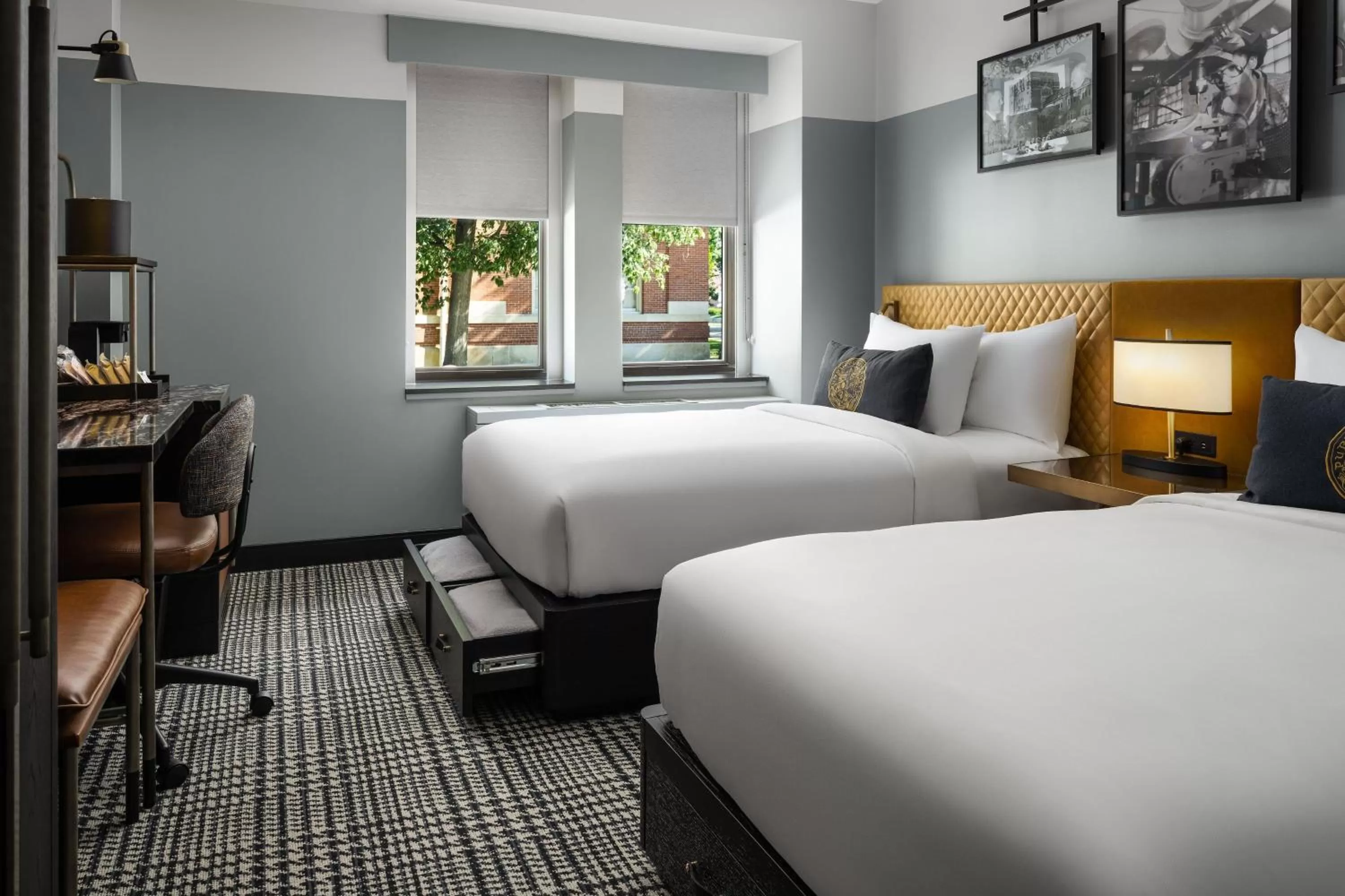 Photo of the whole room, Bed in The Union Club Hotel at Purdue University, Autograph Collection