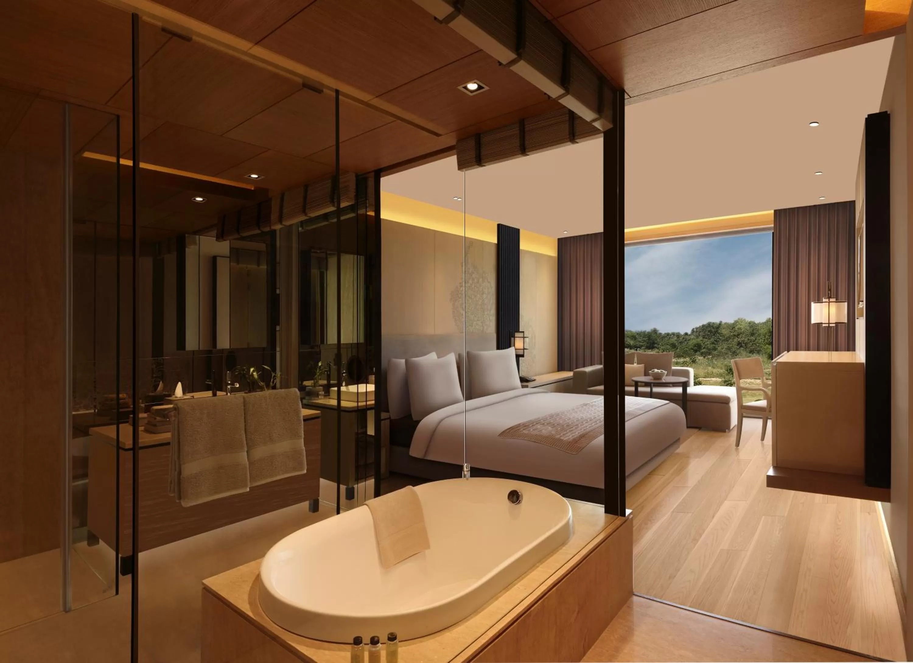 Bathroom, Bed in Roseate House New Delhi