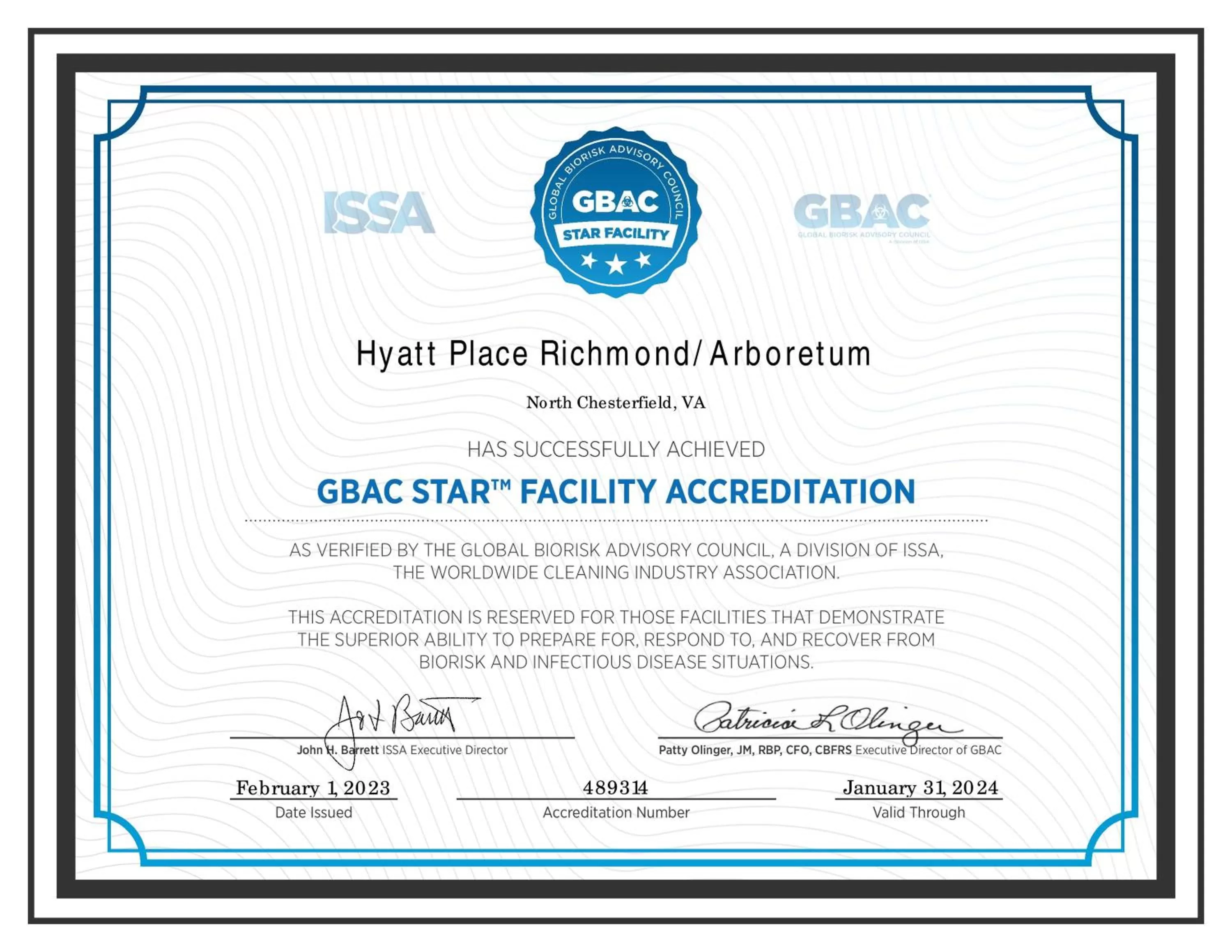 Certificate/Award in Hyatt Place Richmond Arboretum