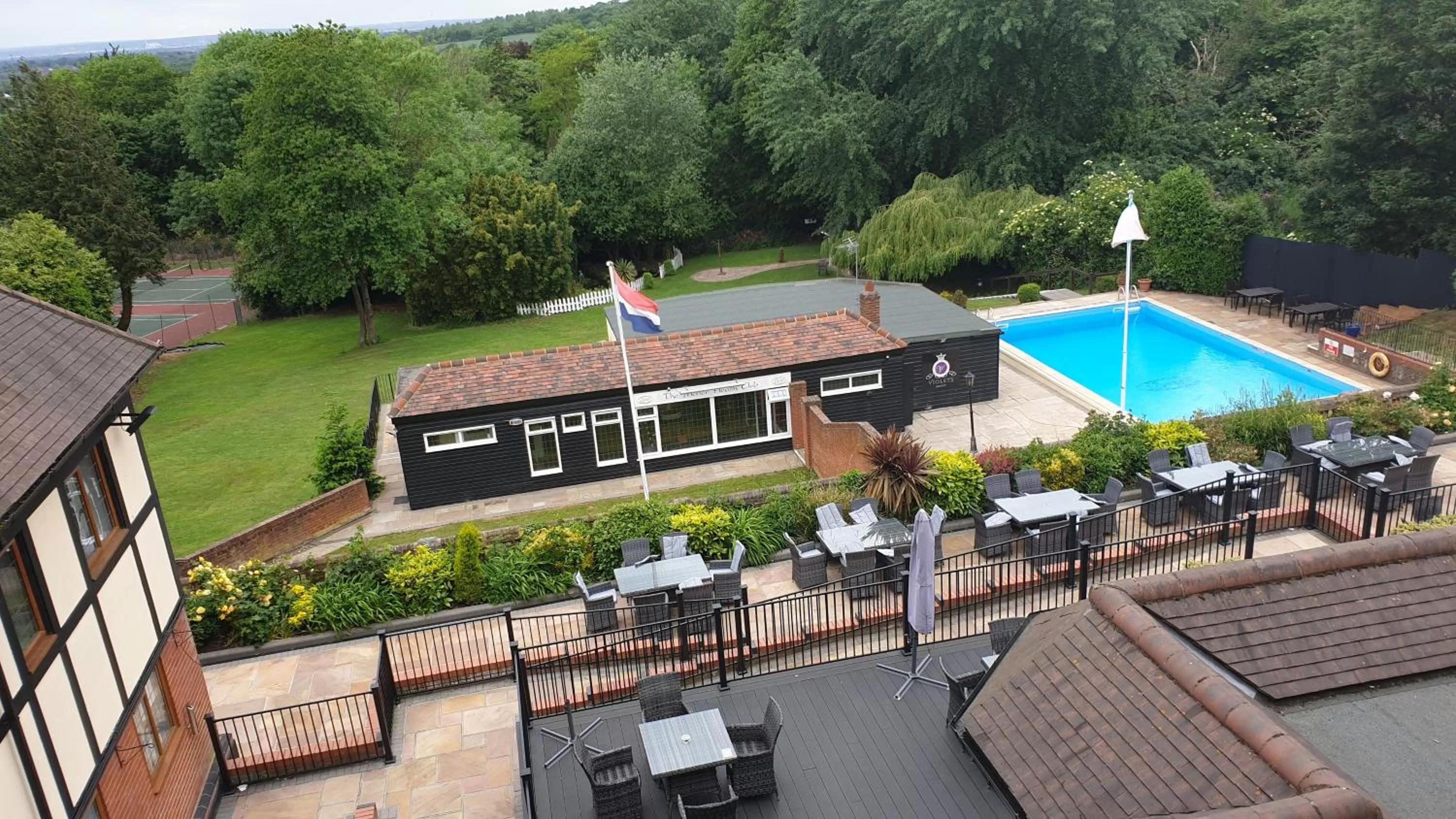 Pool view in De Rougemont Manor