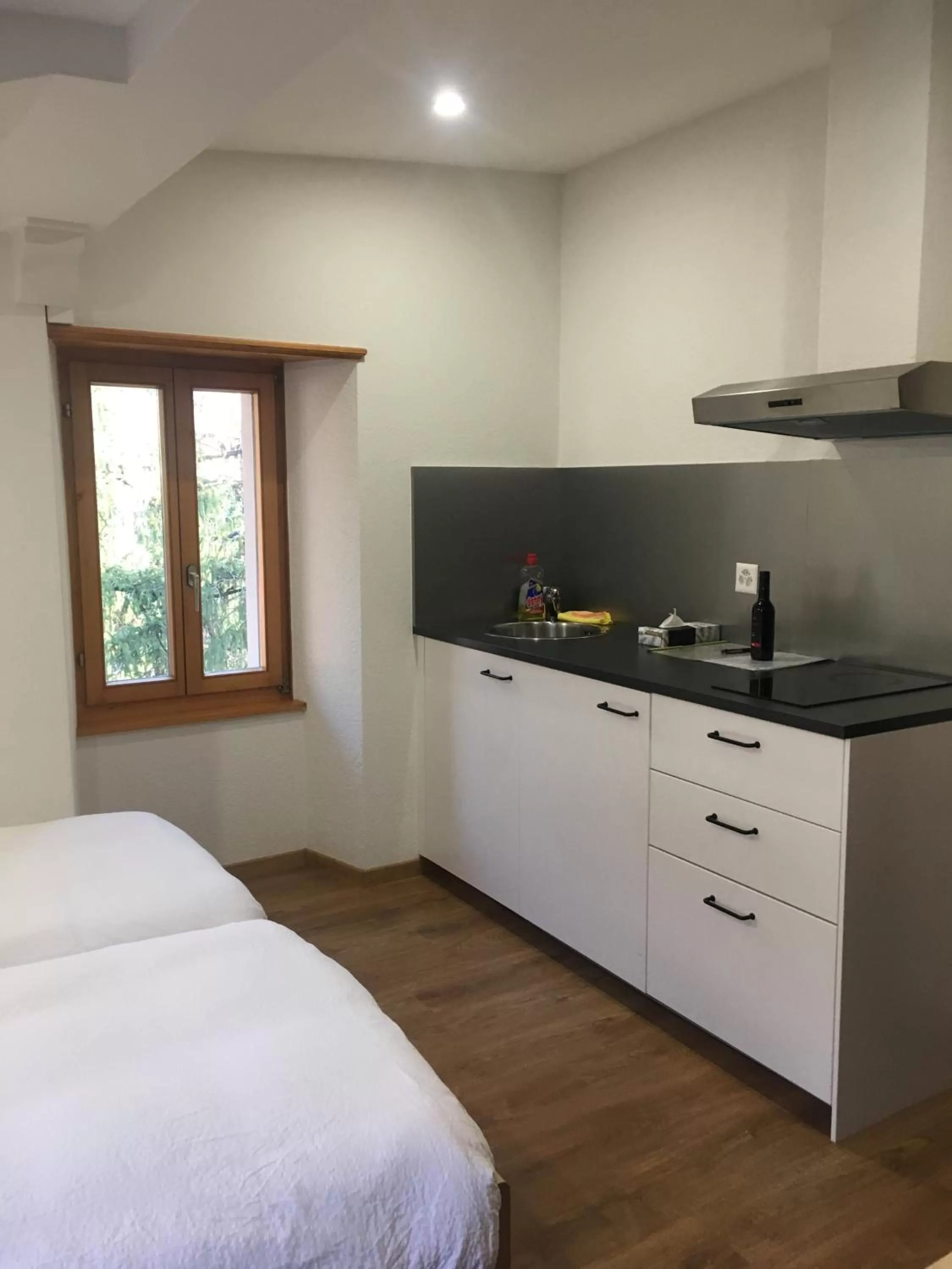 Kitchen or kitchenette, Bed in La Dent-du-Midi Hôtel & Restaurant