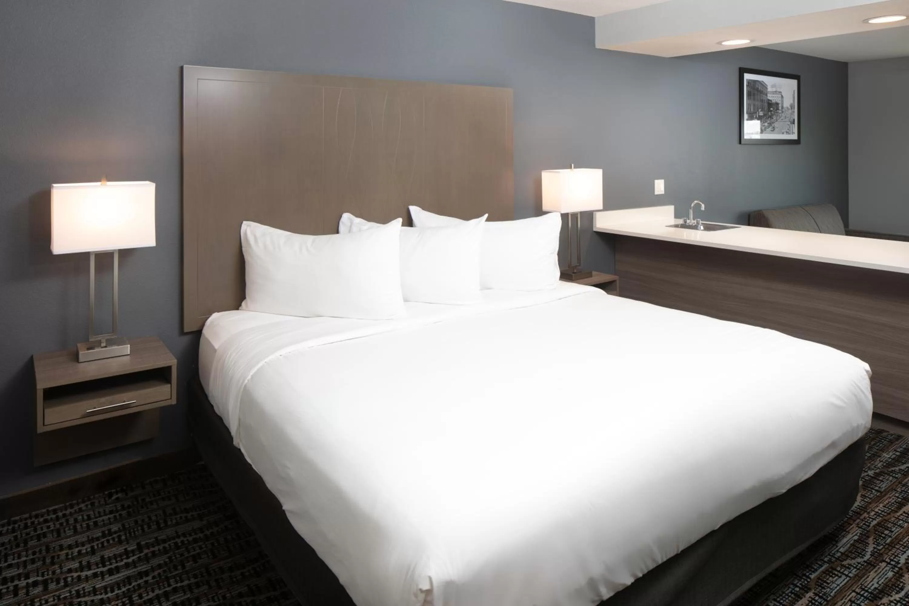 Kitchen or kitchenette, Bed in Hotel 28 Boise Airport, an Ascend Collection Hotel