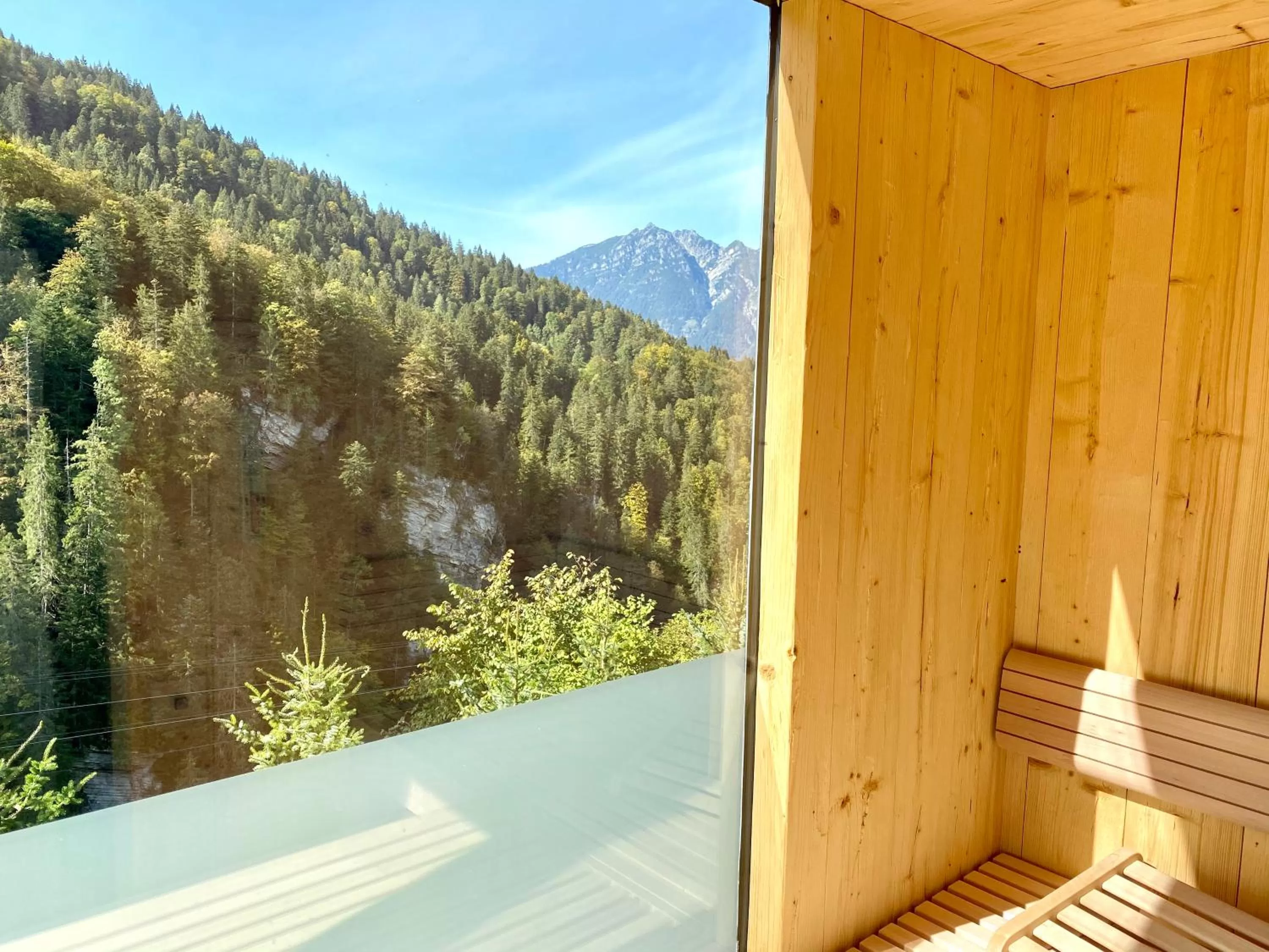 Spa corner with private sauna - panoramic view of the sunny side with terrace in Das Graseck - mountain hideaway & health care