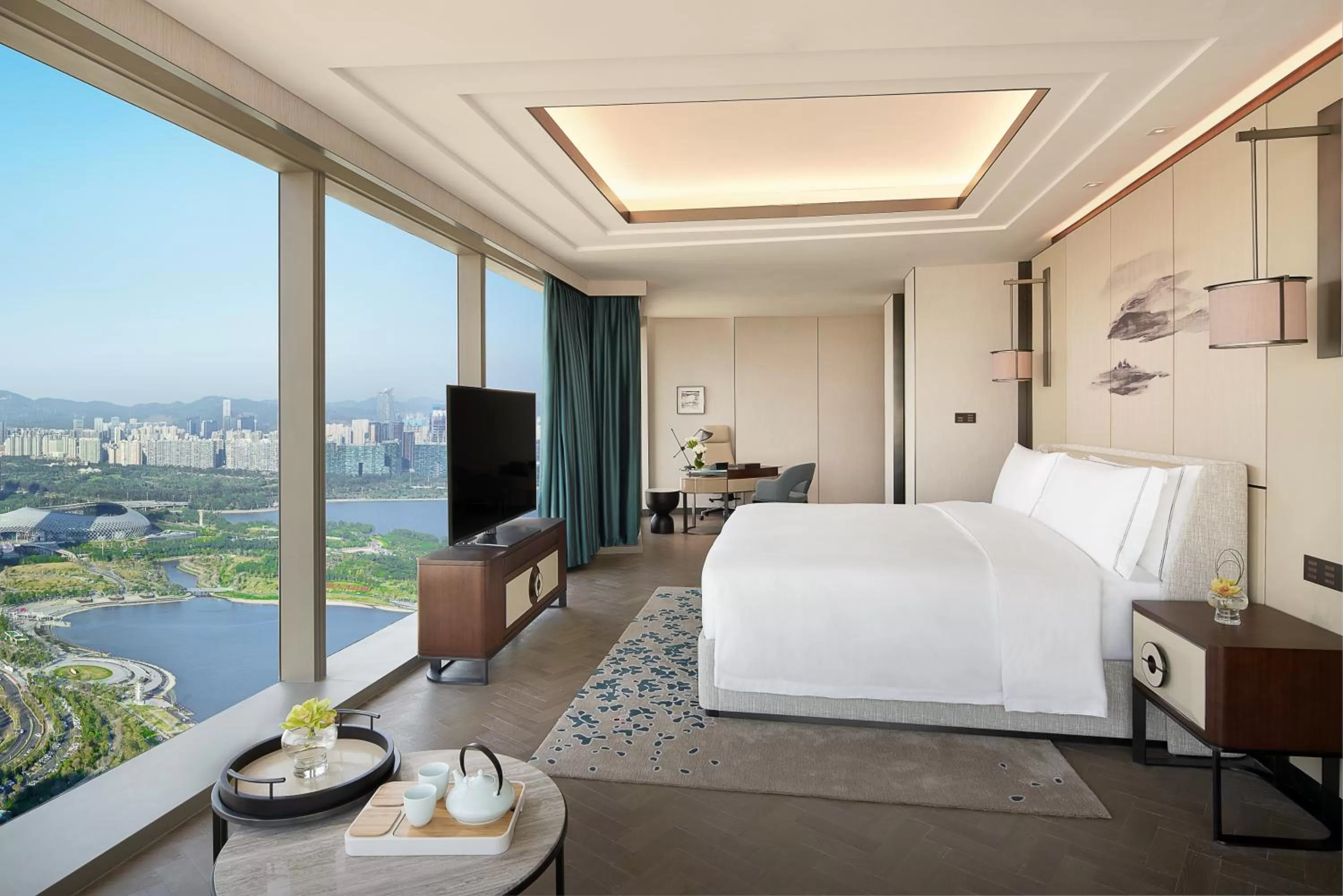 Photo of the whole room, Bed in Raffles Shenzhen, Situated in the heart of One Shenzhen Bay, Book Now to Enjoy Free Minibar and Happy Hour Privileges at Long Bar on 71F