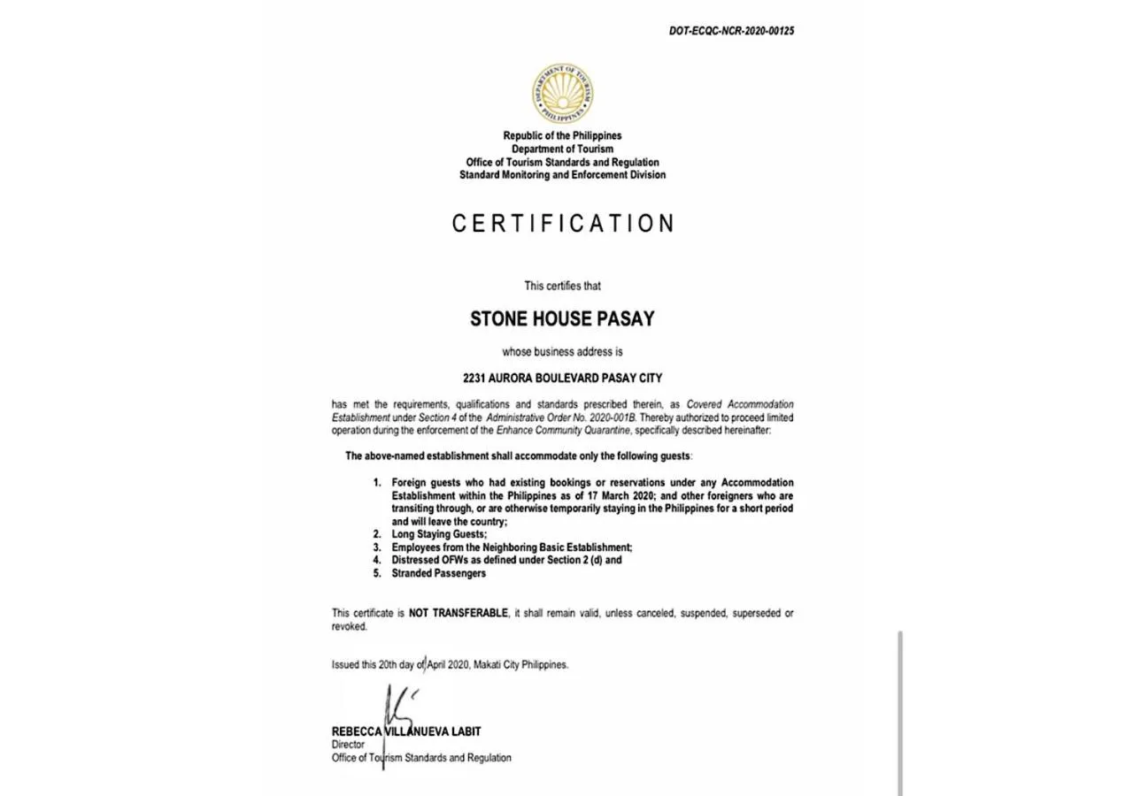Certificate/Award in Stone House Hotel Pasay