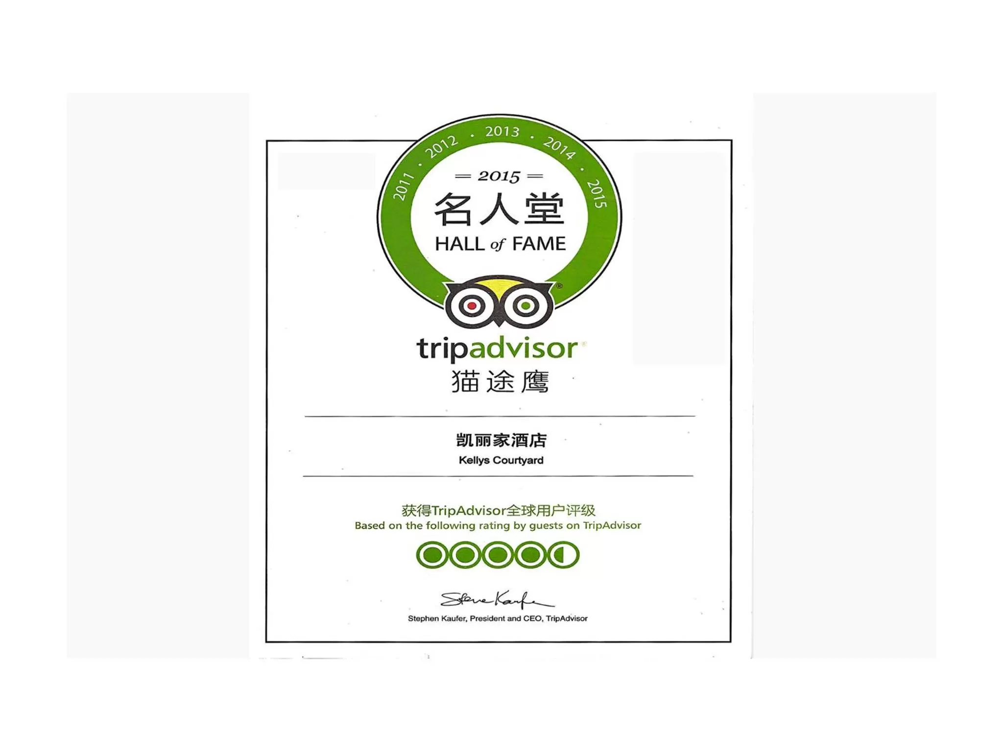 Certificate/Award in Kelly‘s Courtyard Hotel