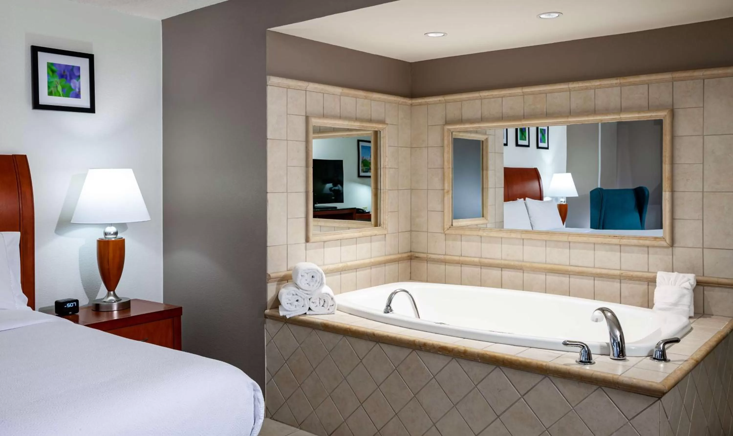 Bathroom, Bed in Hilton Garden Inn Chicago O'Hare Airport