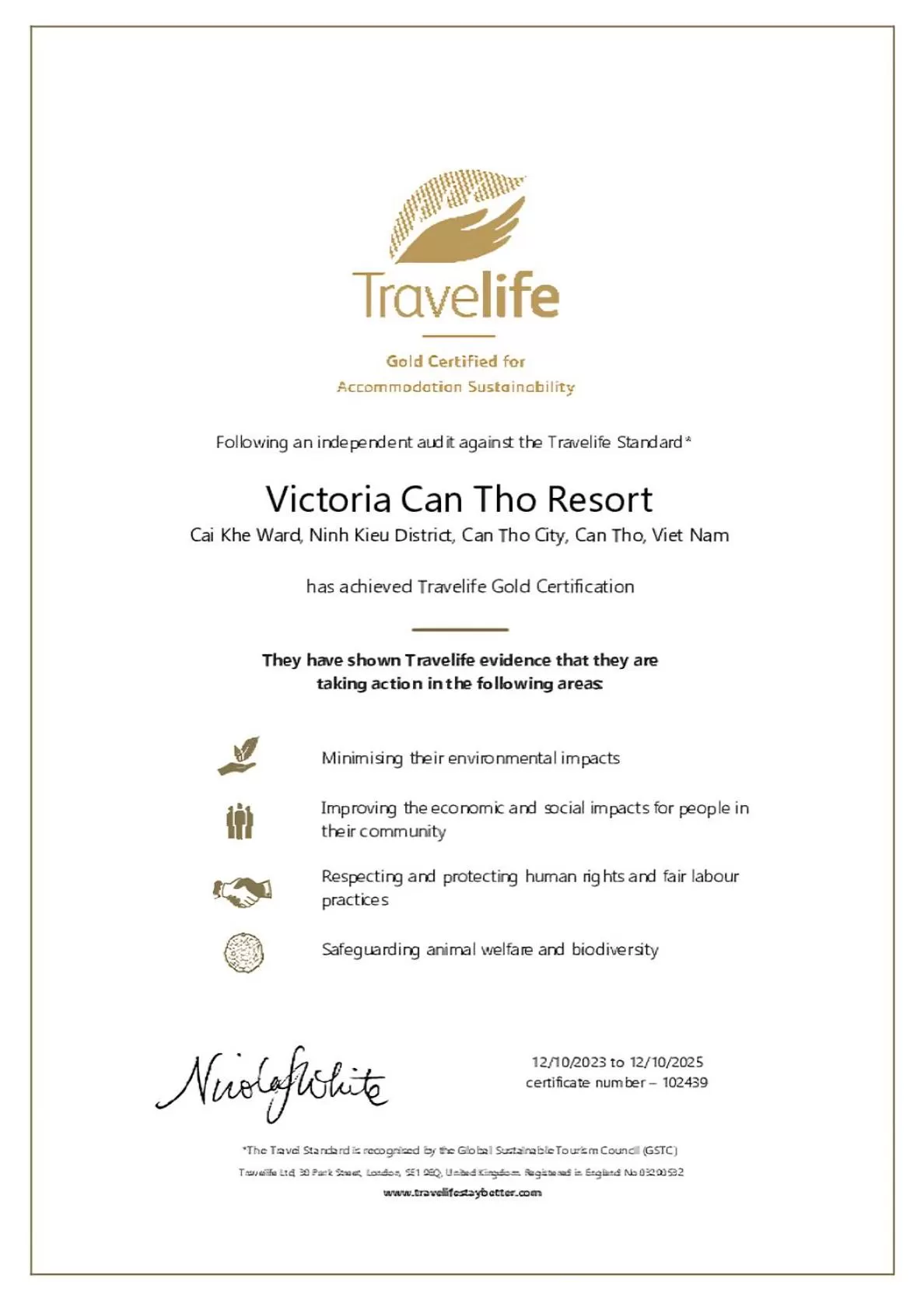 Certificate/Award in Victoria Can Tho Resort