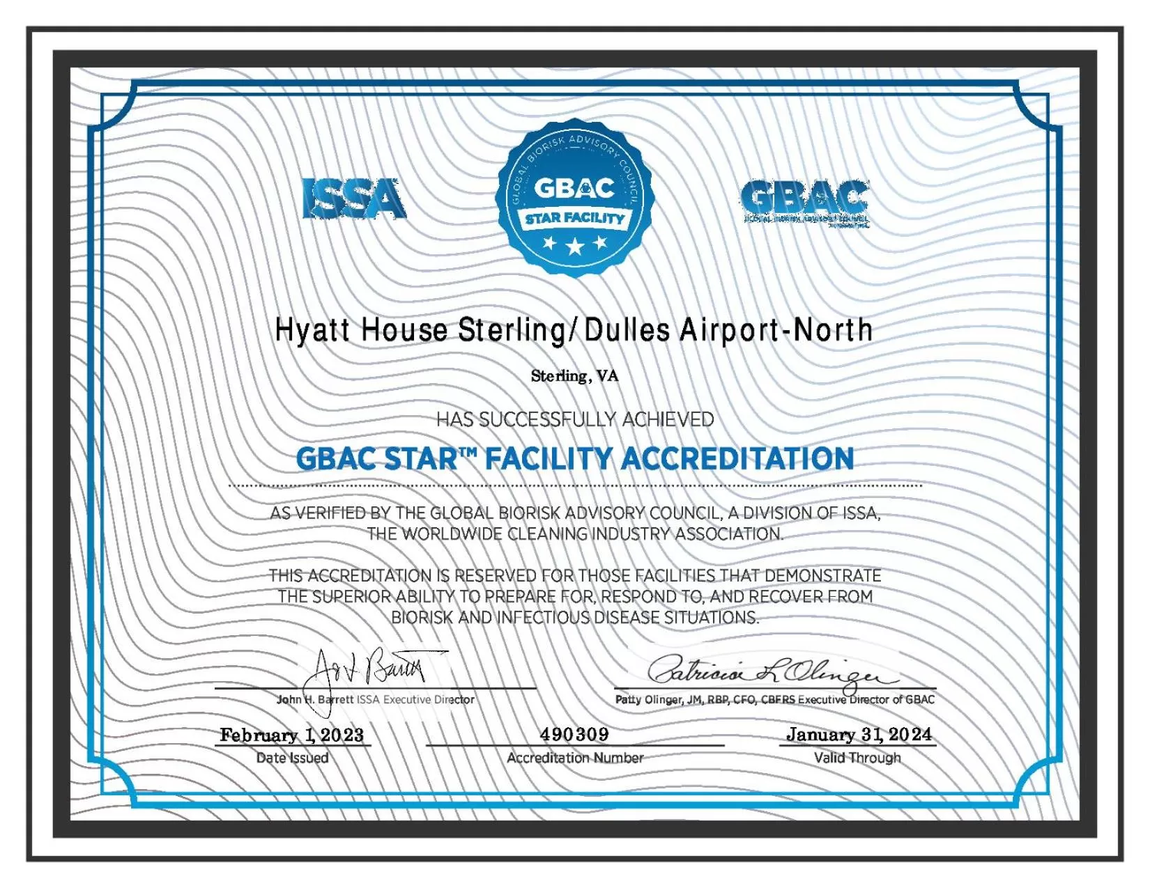 Certificate/Award in Hyatt House Sterling/Dulles Airport North