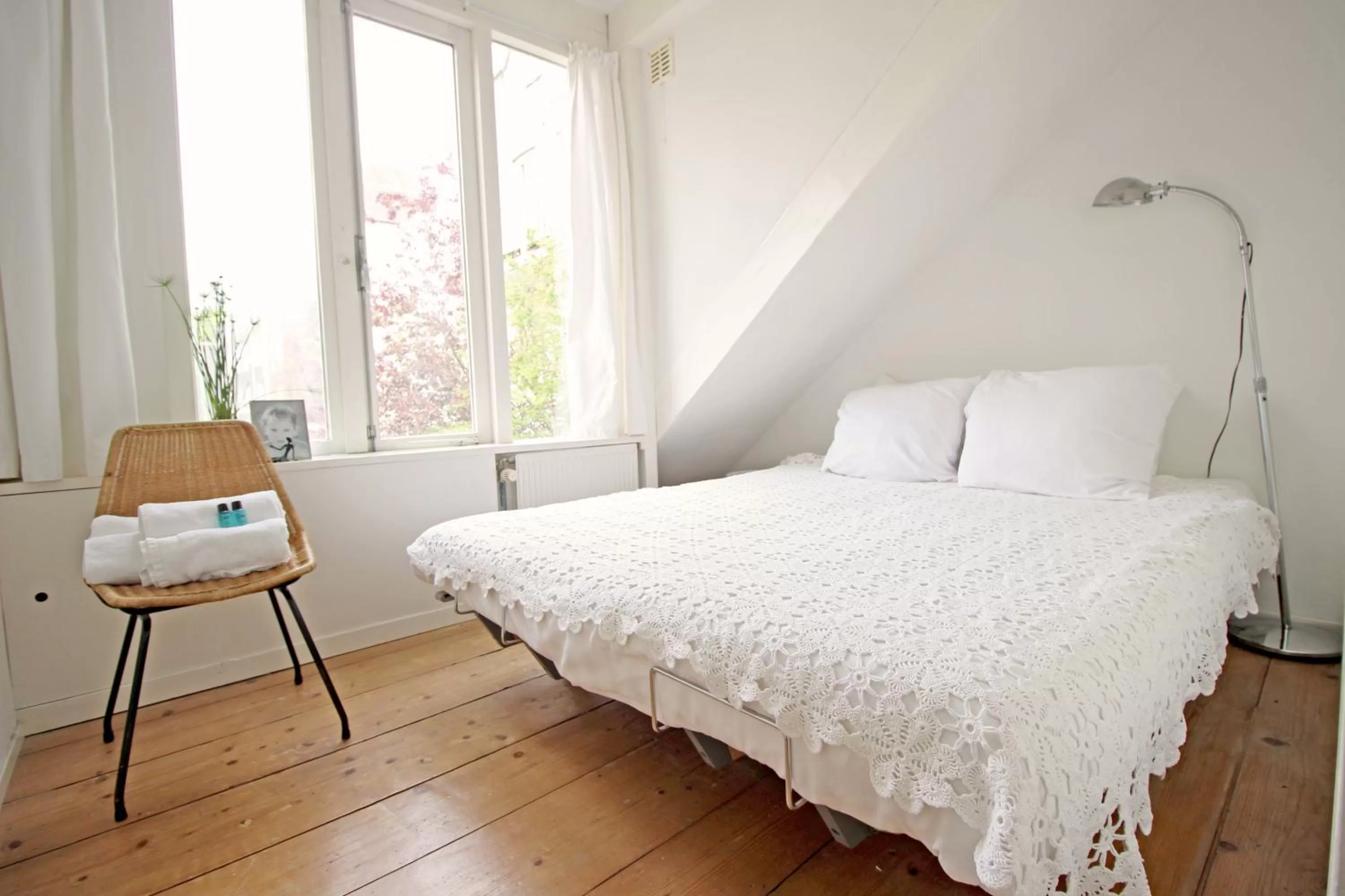 Bedroom, Bed in Beautiful 2 floor Vondelpark apartment.