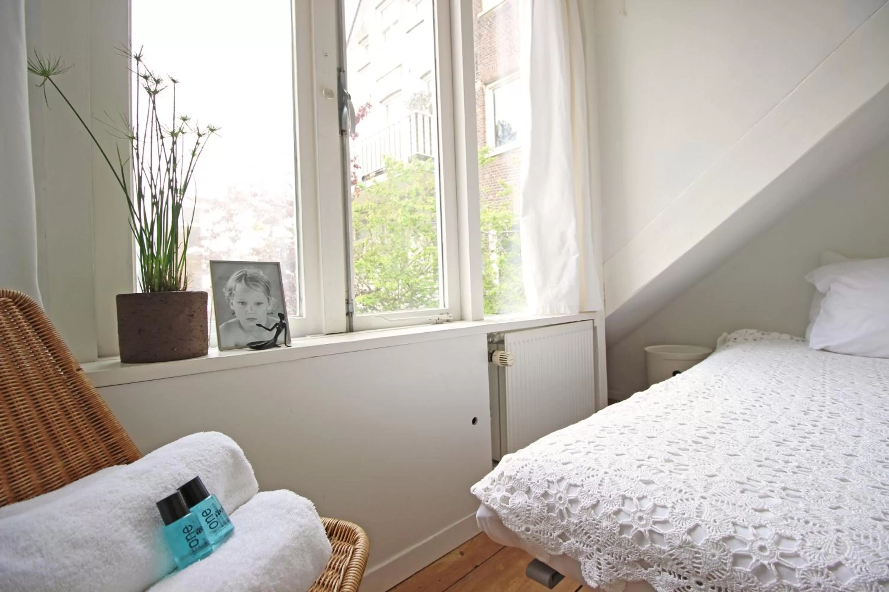 Bedroom, Bed in Beautiful 2 floor Vondelpark apartment.