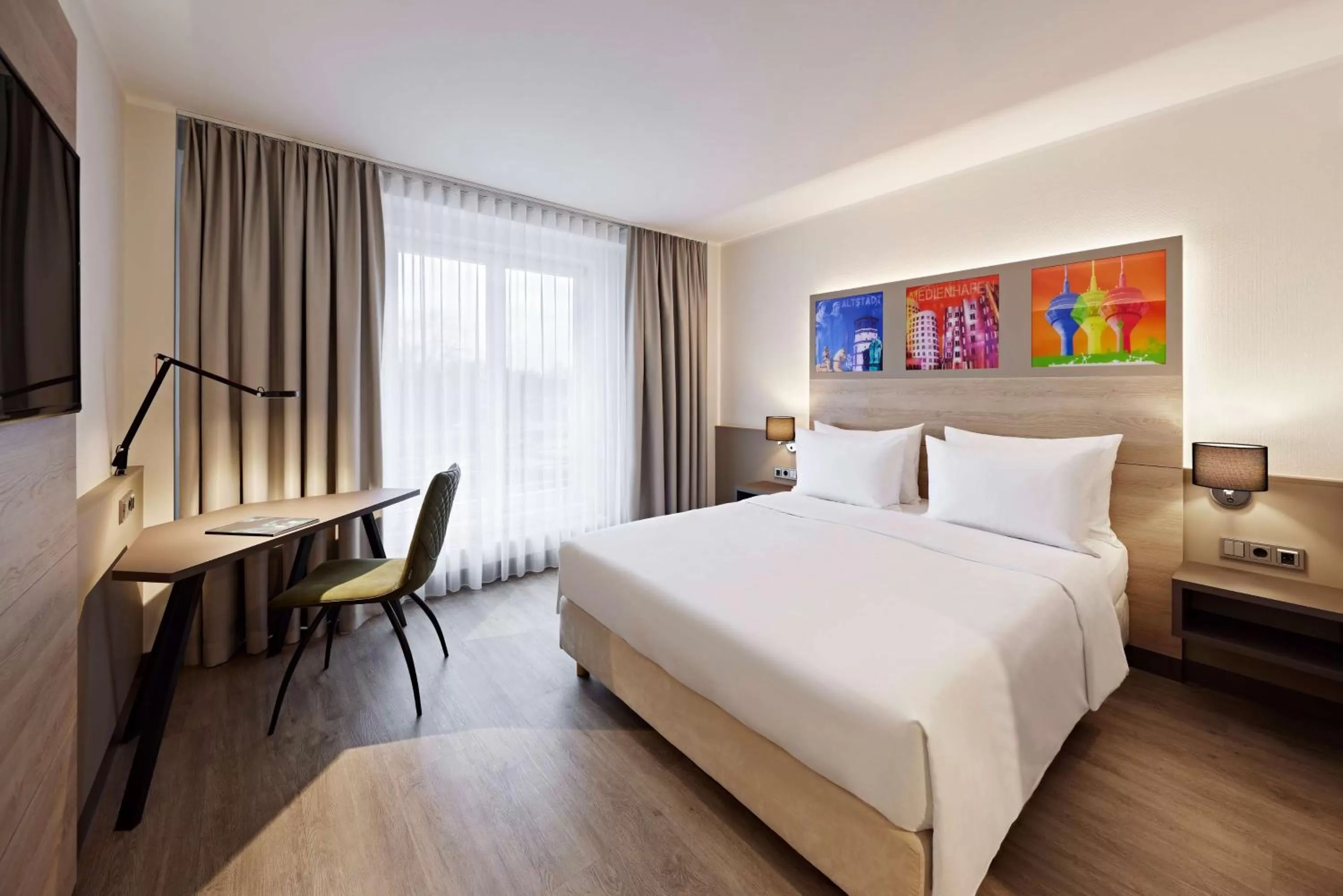 Bedroom, Bed in Lindner Hotel Dusseldorf Airport, part of JdV by Hyatt