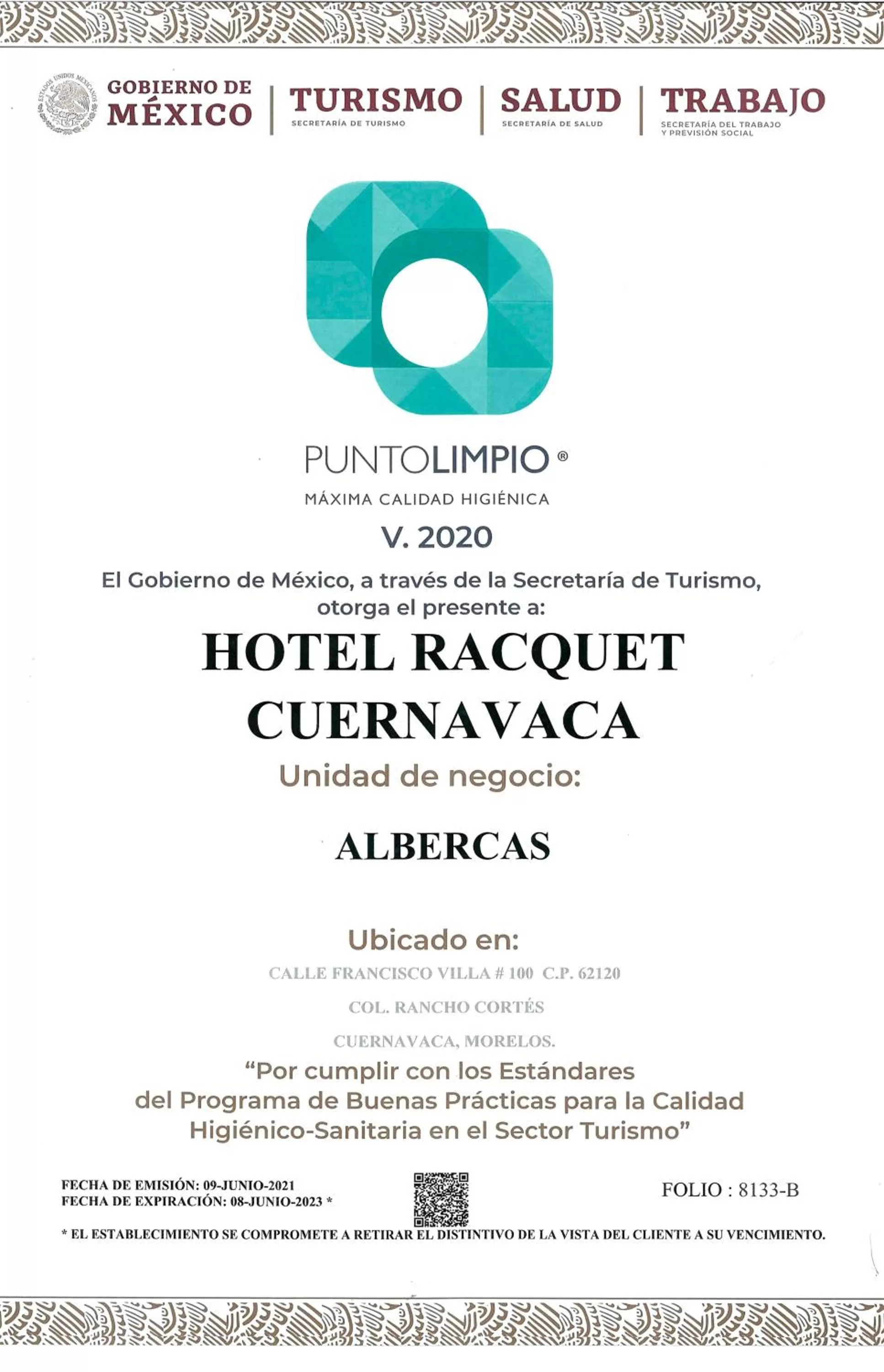 Certificate/Award in Hotel Racquet Cuernavaca