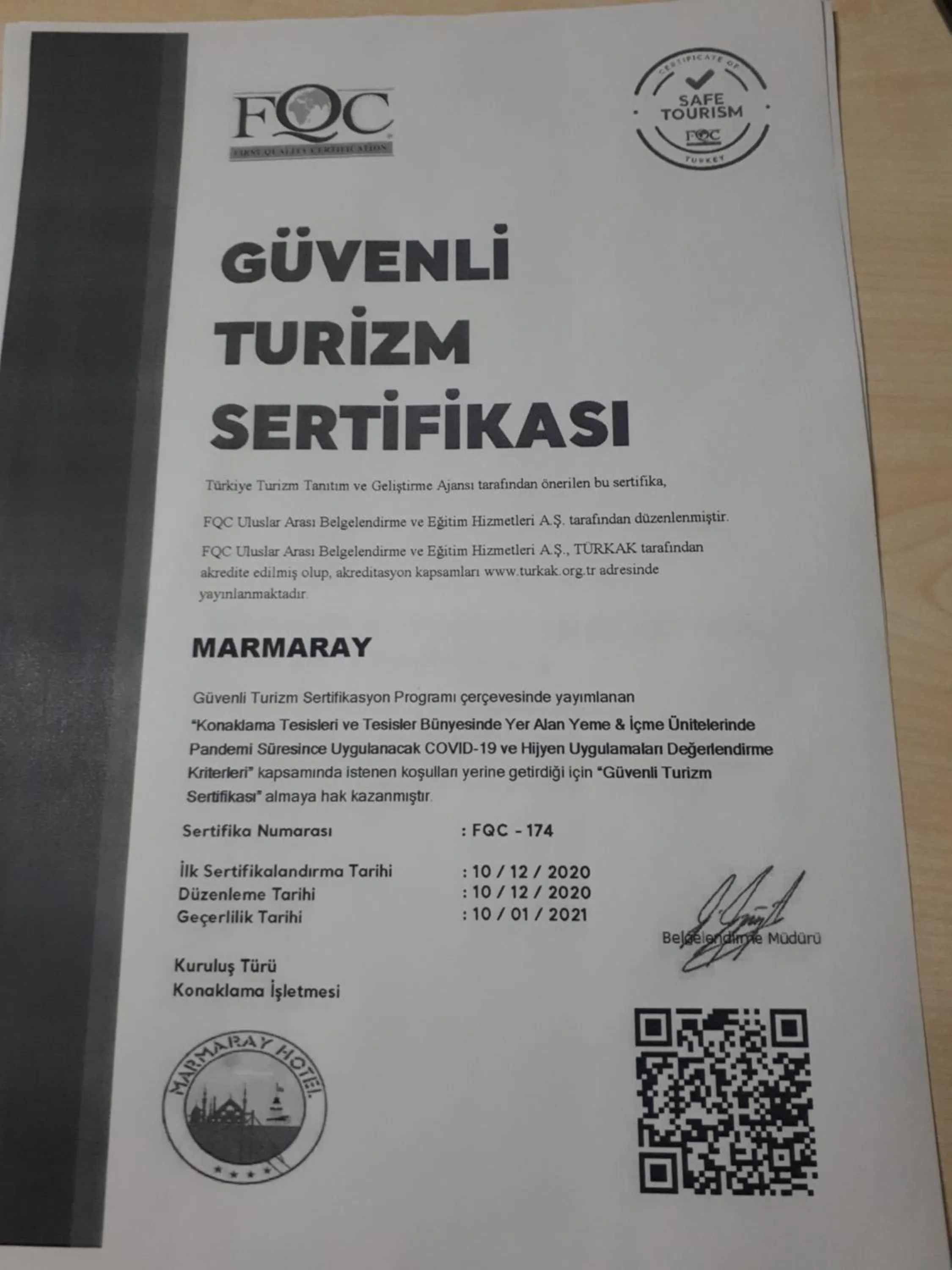 Certificate/Award in Marmaray Hotel