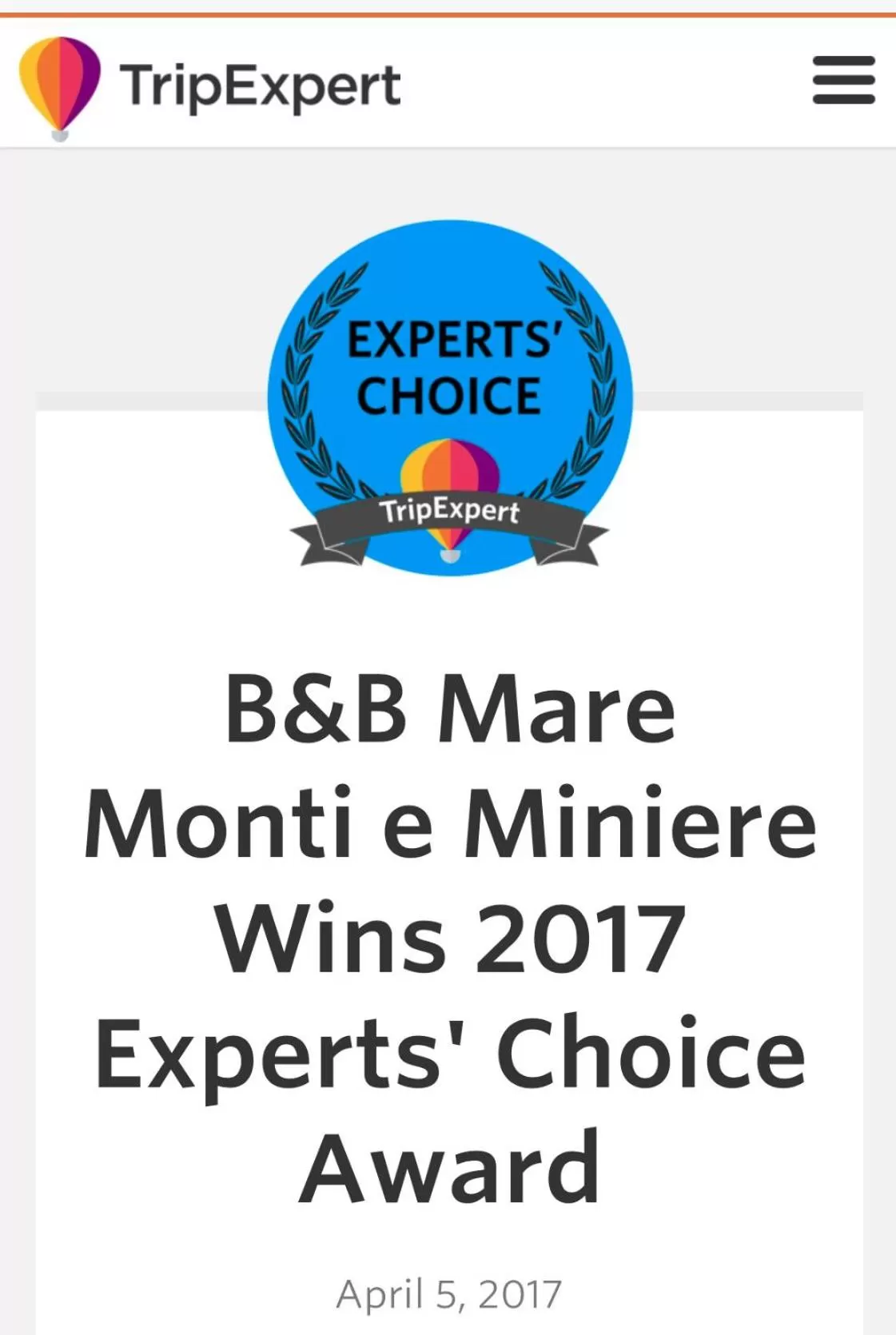 Certificate/Award in B&B Mare Monti Miniere