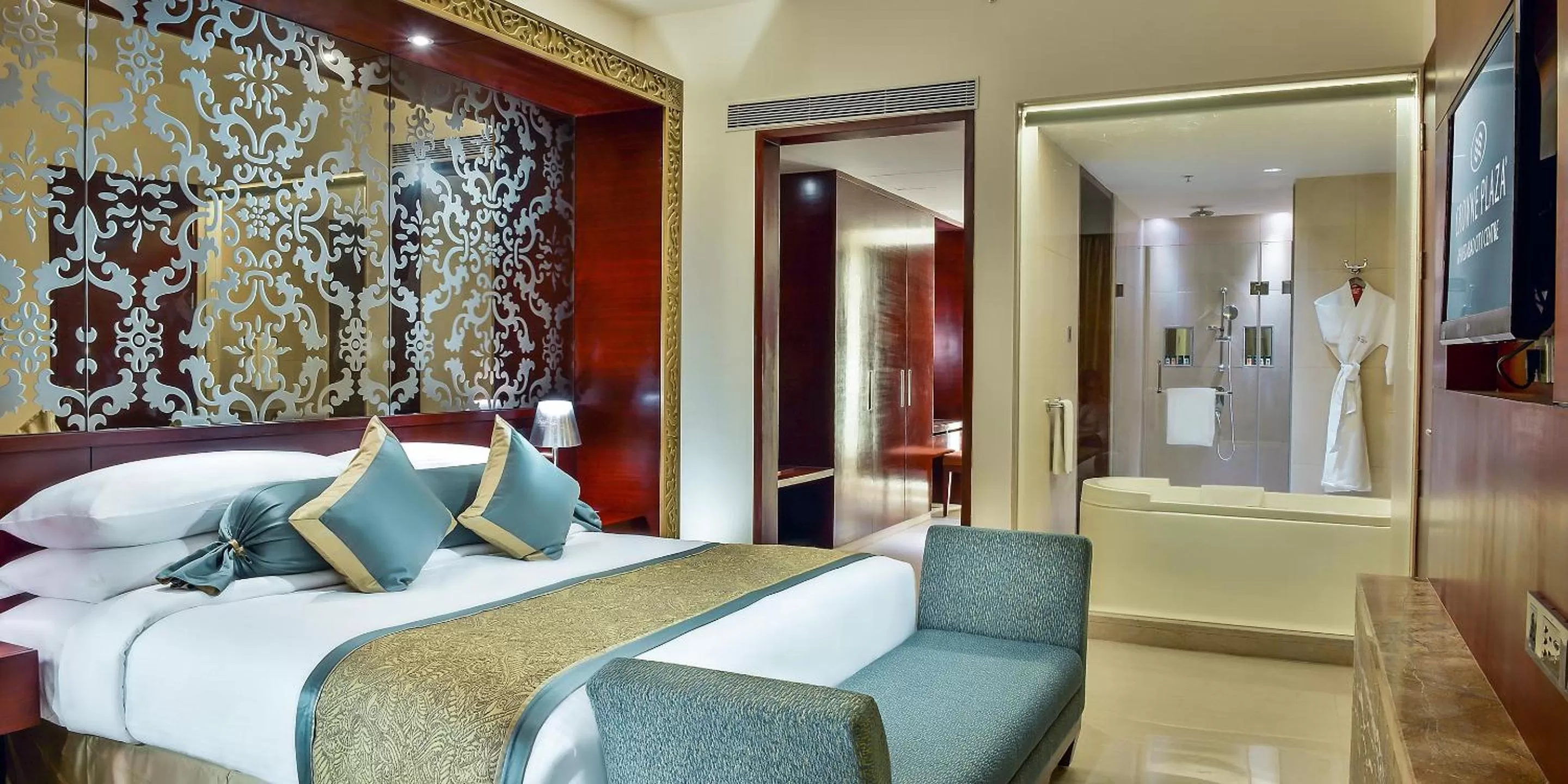 Bathroom, Bed in Crowne Plaza Ahmedabad City Centre by IHG
