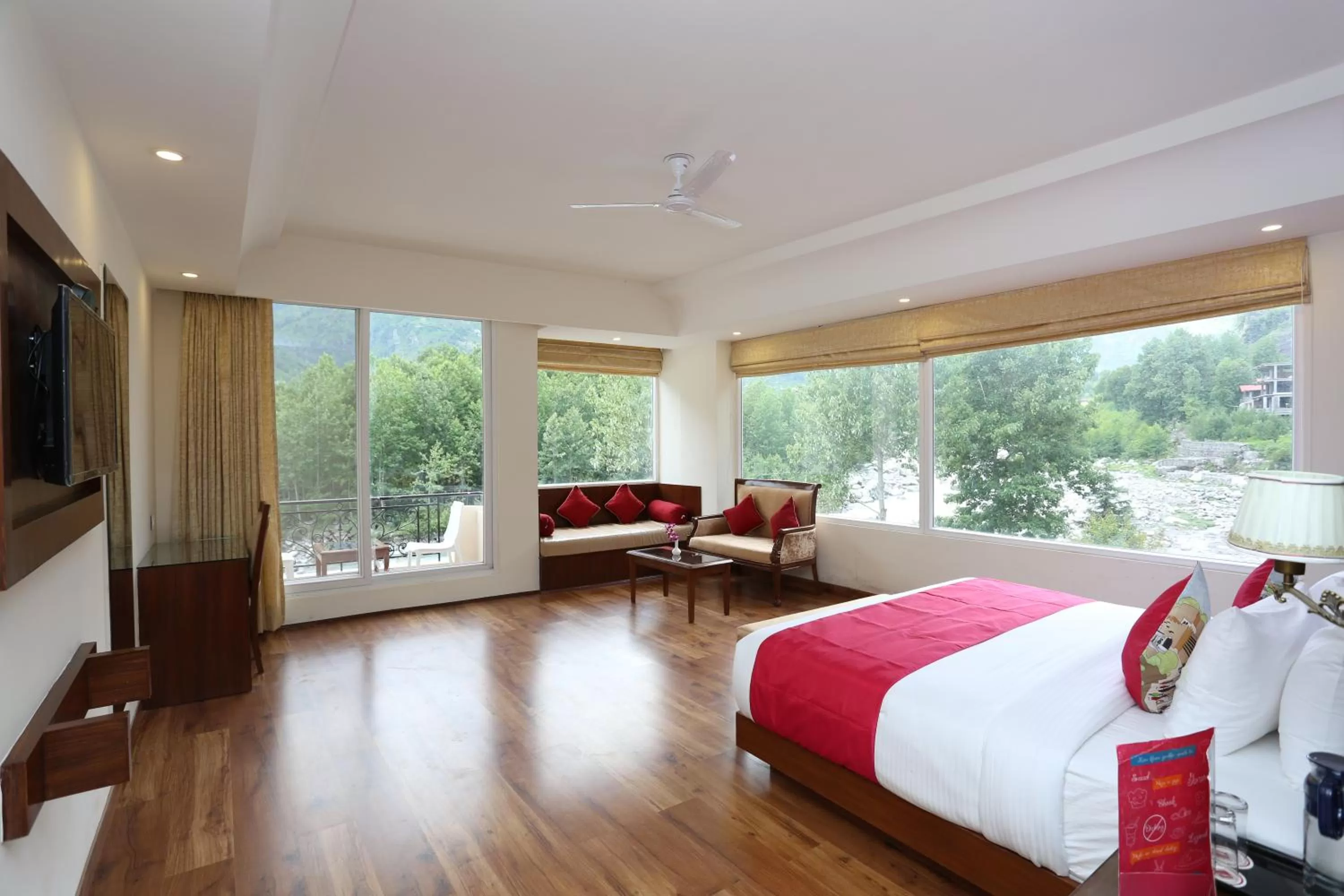 Balcony/Terrace, Bed in The Allure Grand Resort -A Majestic Riverside Retreat
