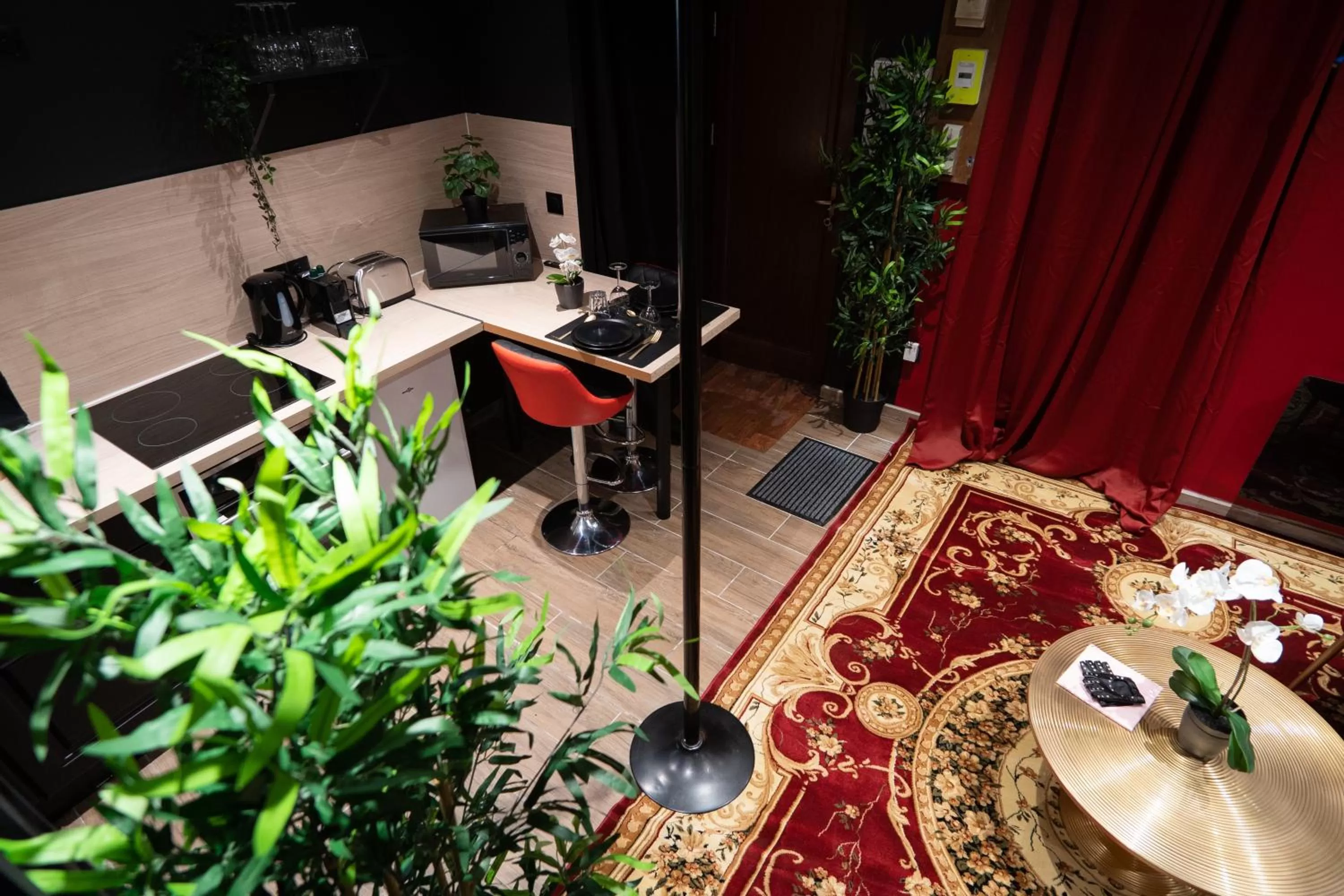 Living room in Capsule Secret - Jacuzzi - Netflix & Home cinéma - Jeux de couple - Barre de pole dance