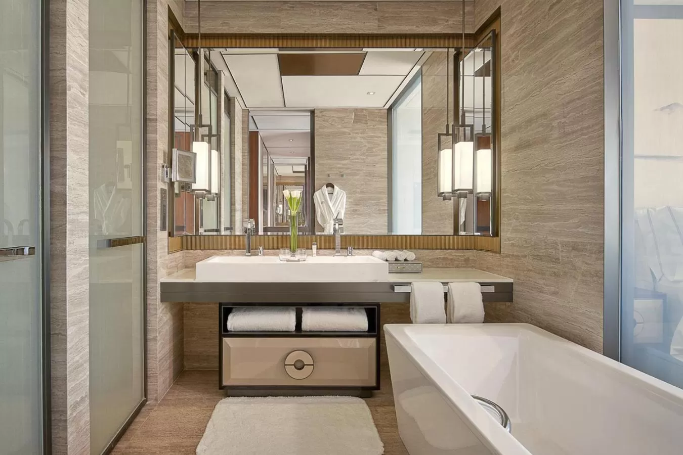 Bathroom in Raffles Shenzhen, Situated in the heart of One Shenzhen Bay, Book Now to Enjoy Free Minibar and Happy Hour Privileges at Long Bar on 71F