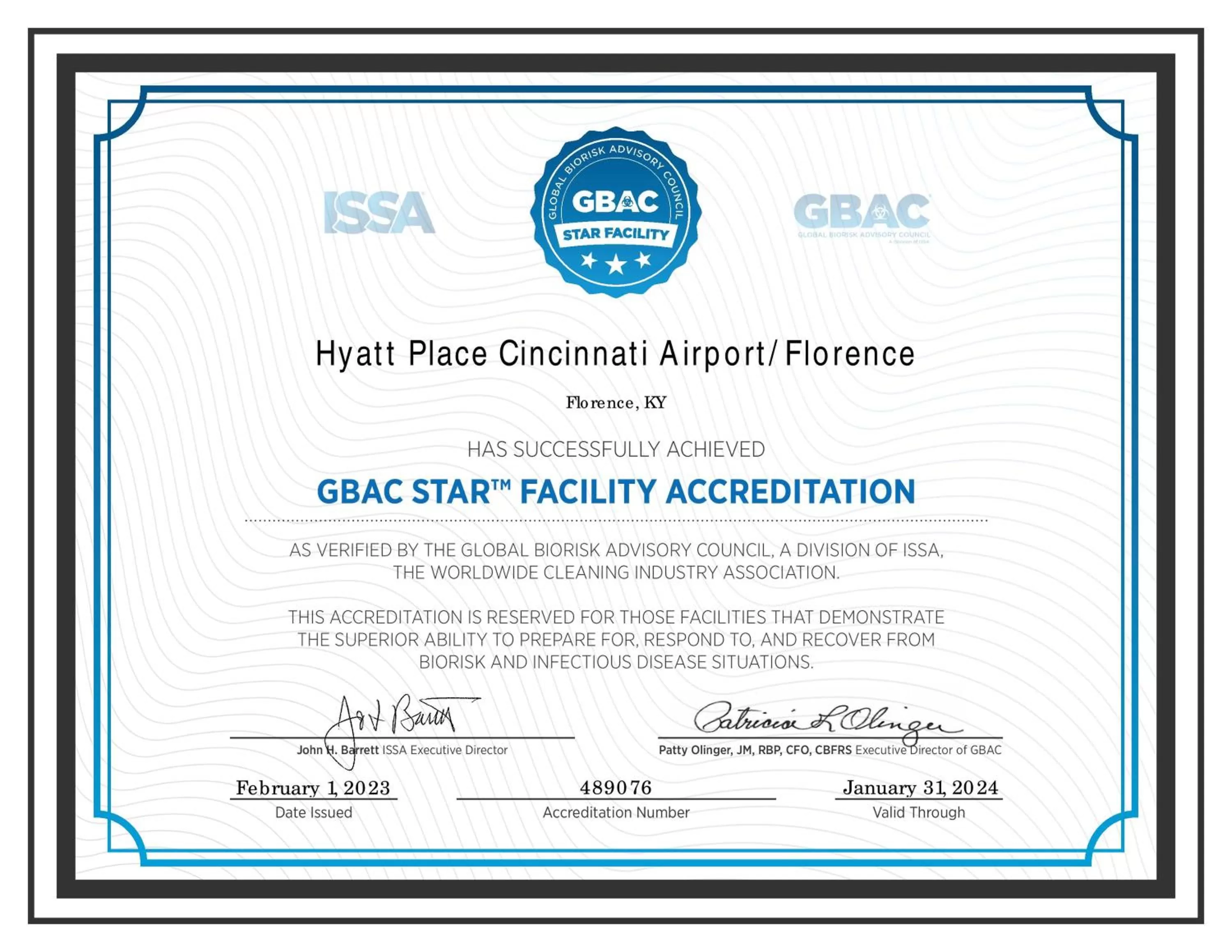 Certificate/Award in Hyatt Place Cincinnati Airport