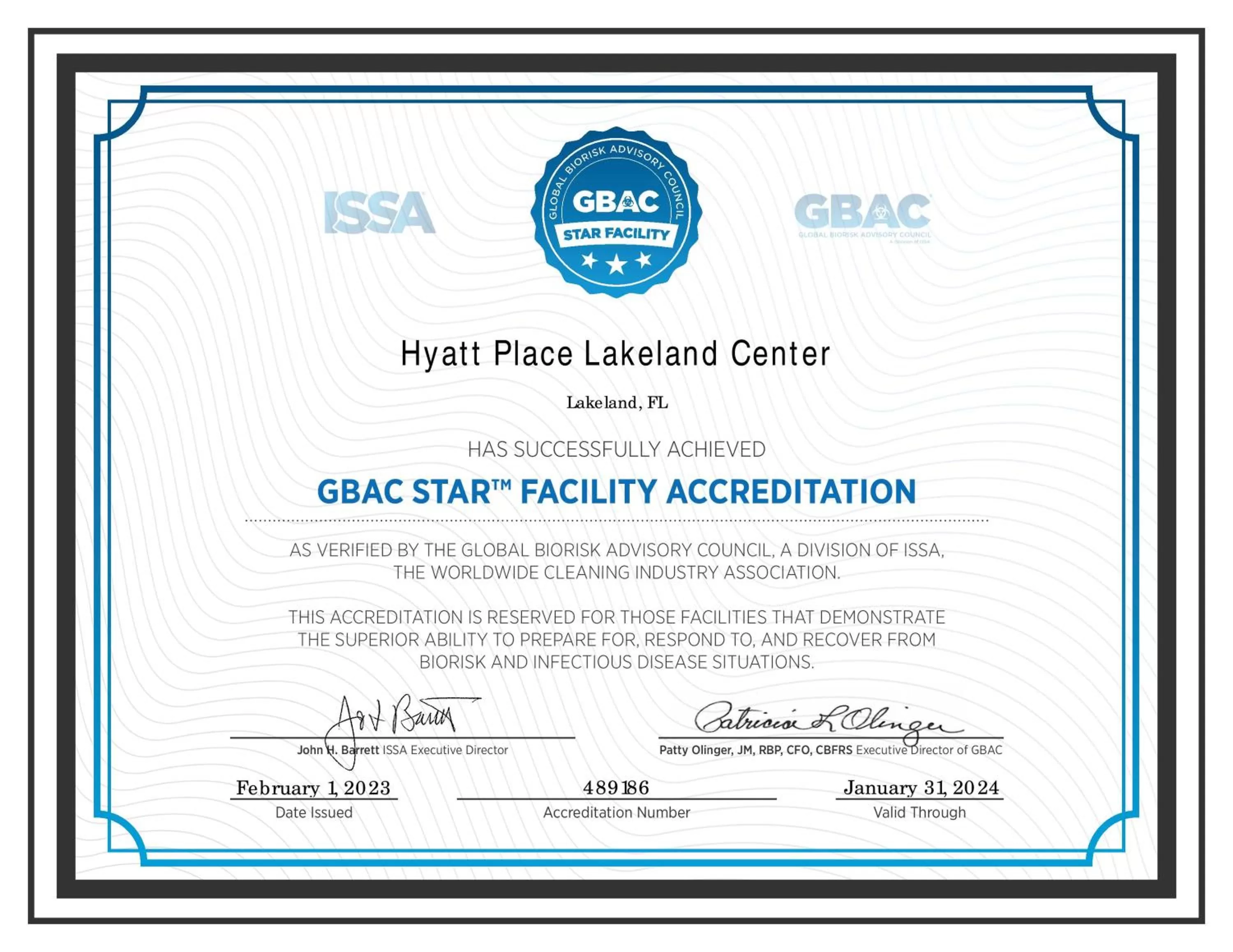 Certificate/Award in Hyatt Place Lakeland Center