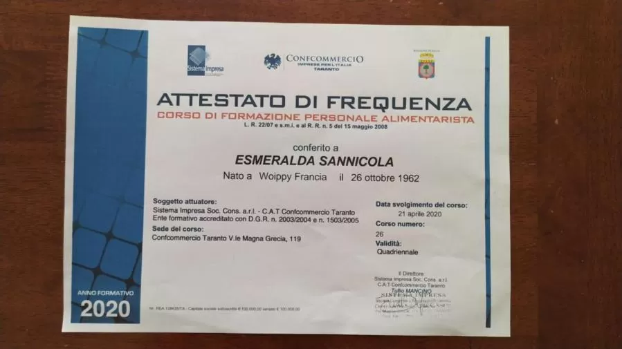 Certificate/Award in B&B Lo Smeraldo