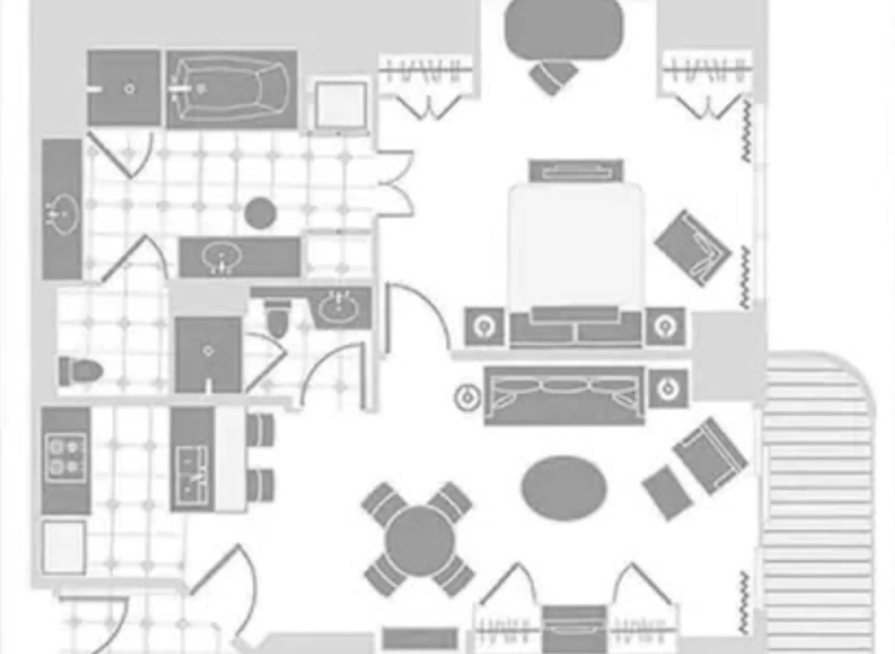 Floor Plan in MGM Signature Strip view balcony full kitchen - 1 Br suite 2 full bath - F1 track view