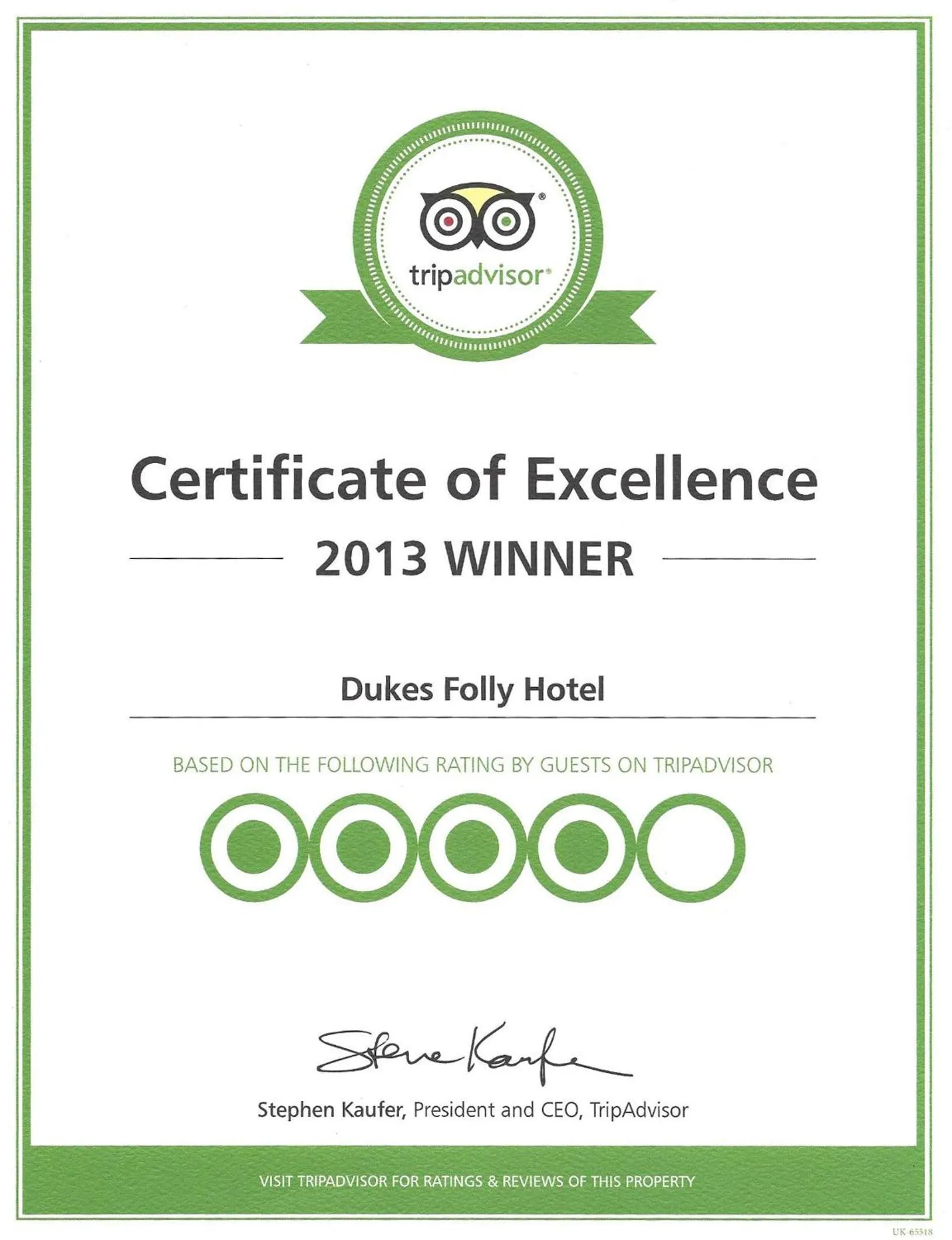 Certificate/Award in Dukes Folly Hotel