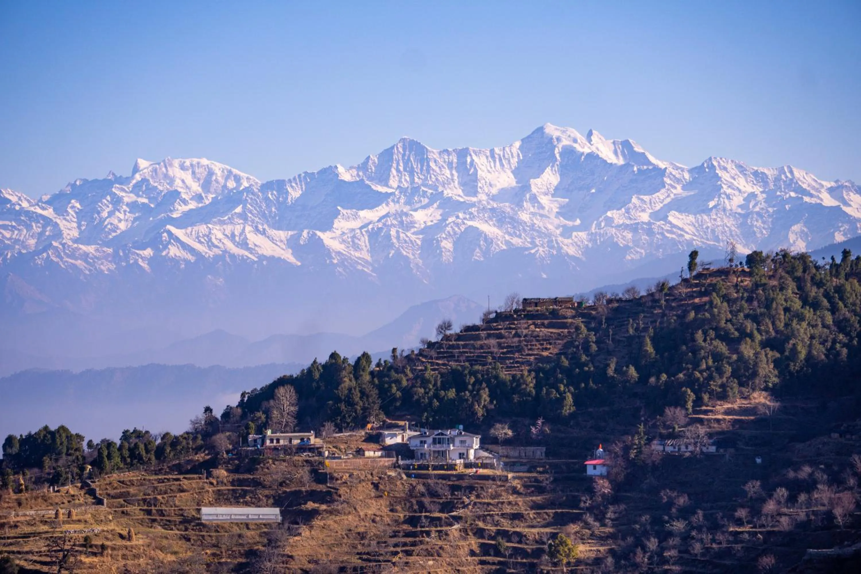 View (from property/room) in Kana Mud An Ethnic Village Resort - Beautiful View of Gangotri Mountains
