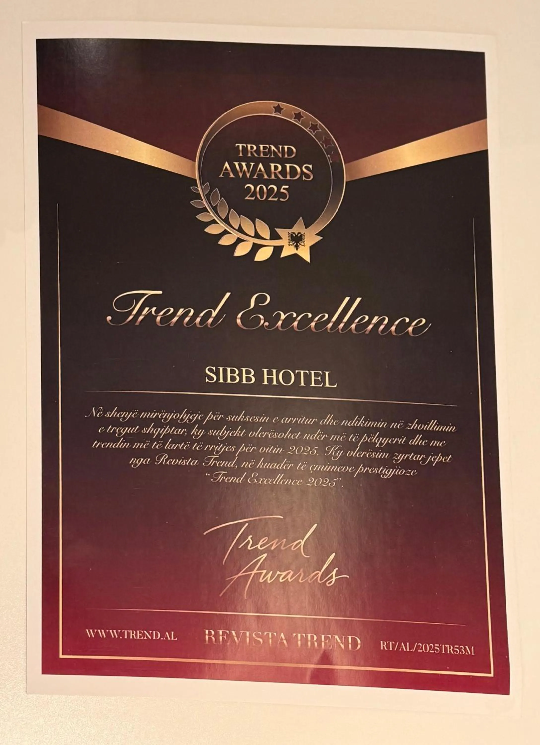 Certificate/Award in SIBB Hotel