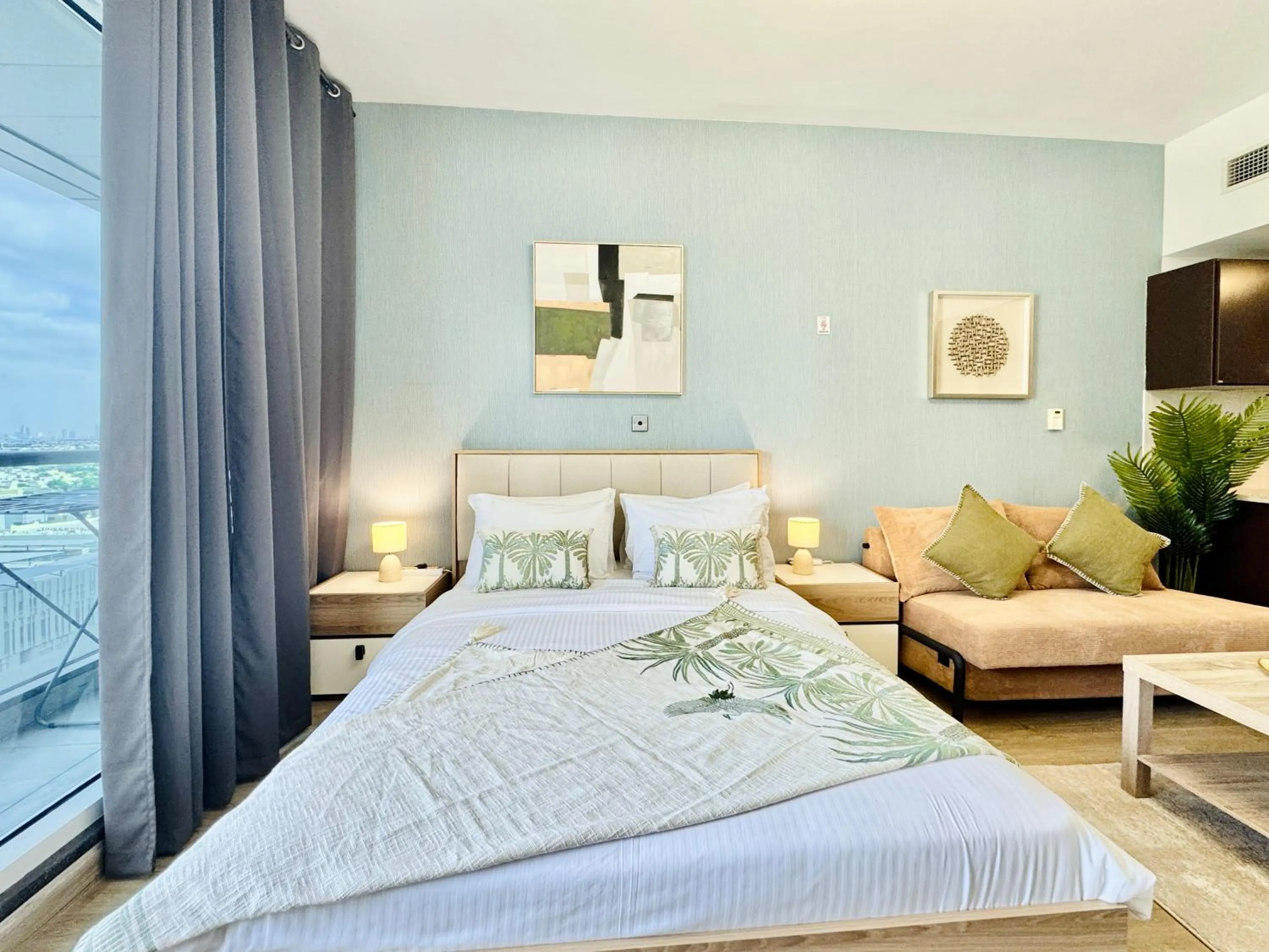 Bed in Cosmos Living Dubai Arch Tower Pool, Gym & Balcony