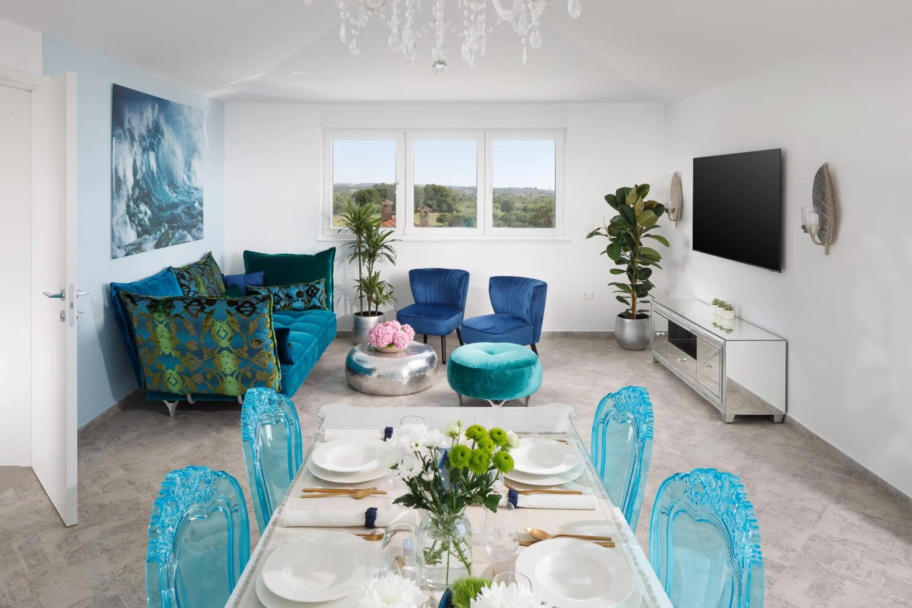 Living room in Penthouse Blue Horizon- a luxury penthouse with infinity pool, hot tub, sauna and sea views!