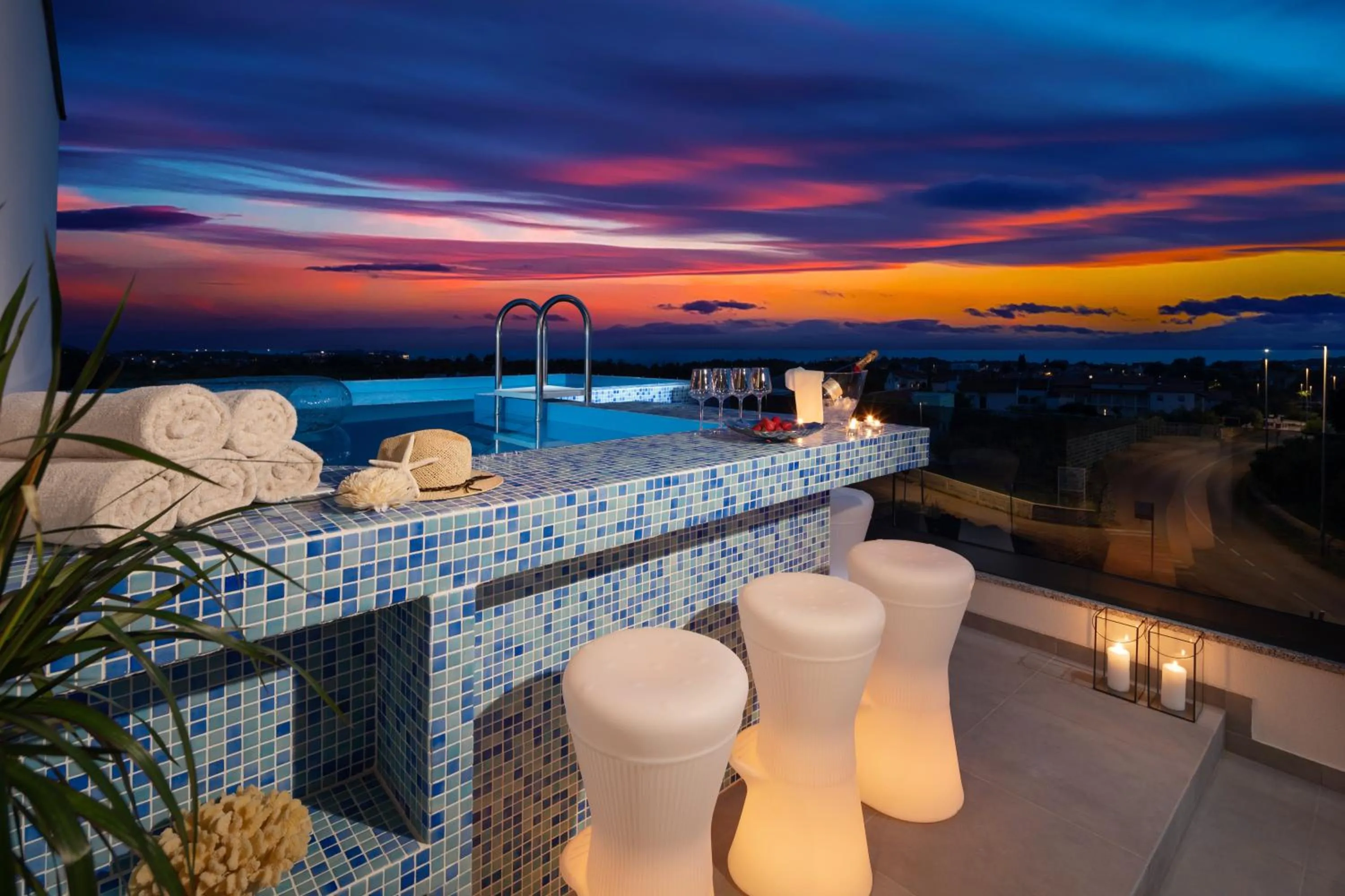 Balcony/Terrace in Penthouse Blue Horizon- a luxury penthouse with infinity pool, hot tub, sauna and sea views!