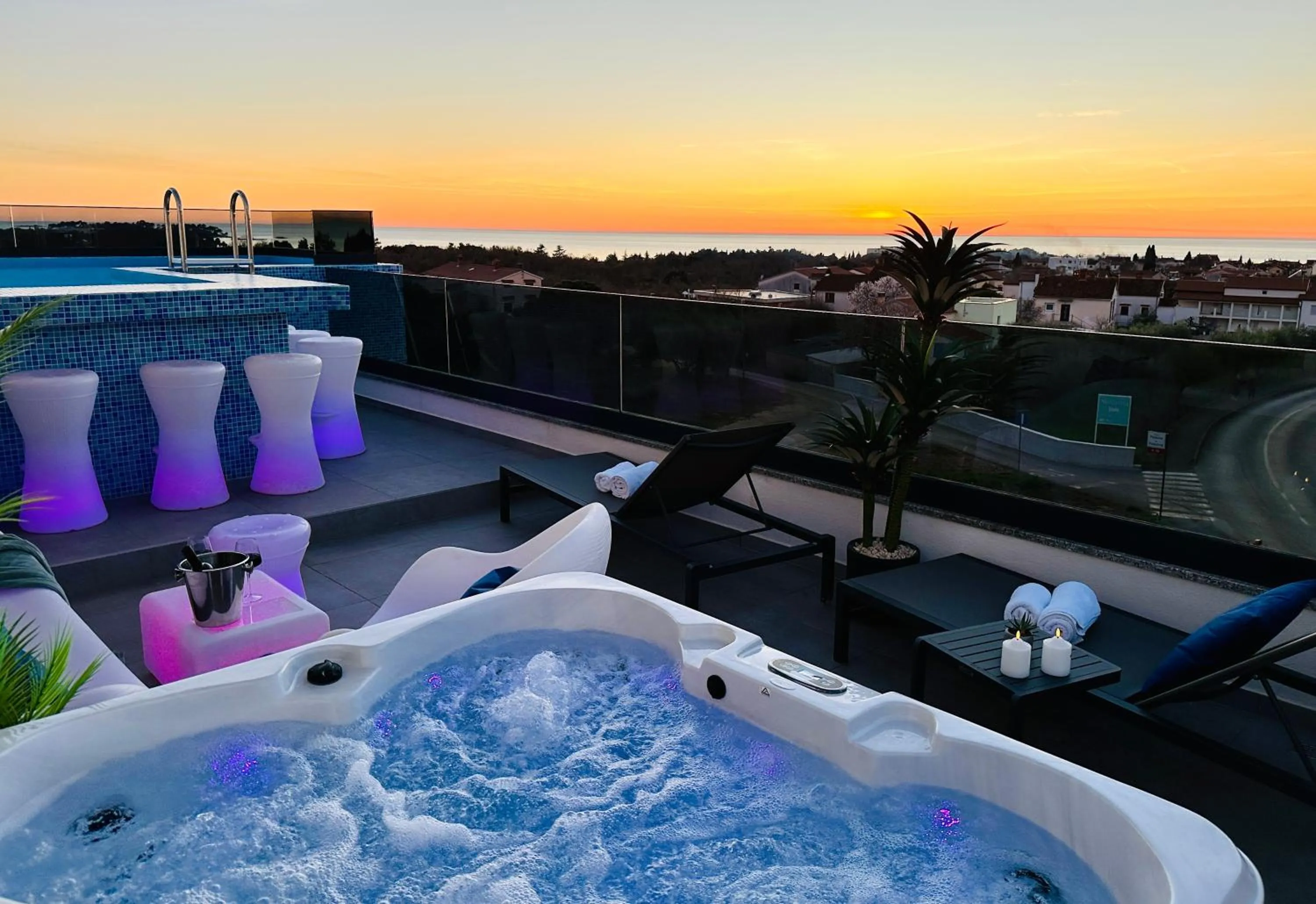 Balcony/Terrace in Penthouse Blue Horizon- a luxury penthouse with infinity pool, hot tub, sauna and sea views!