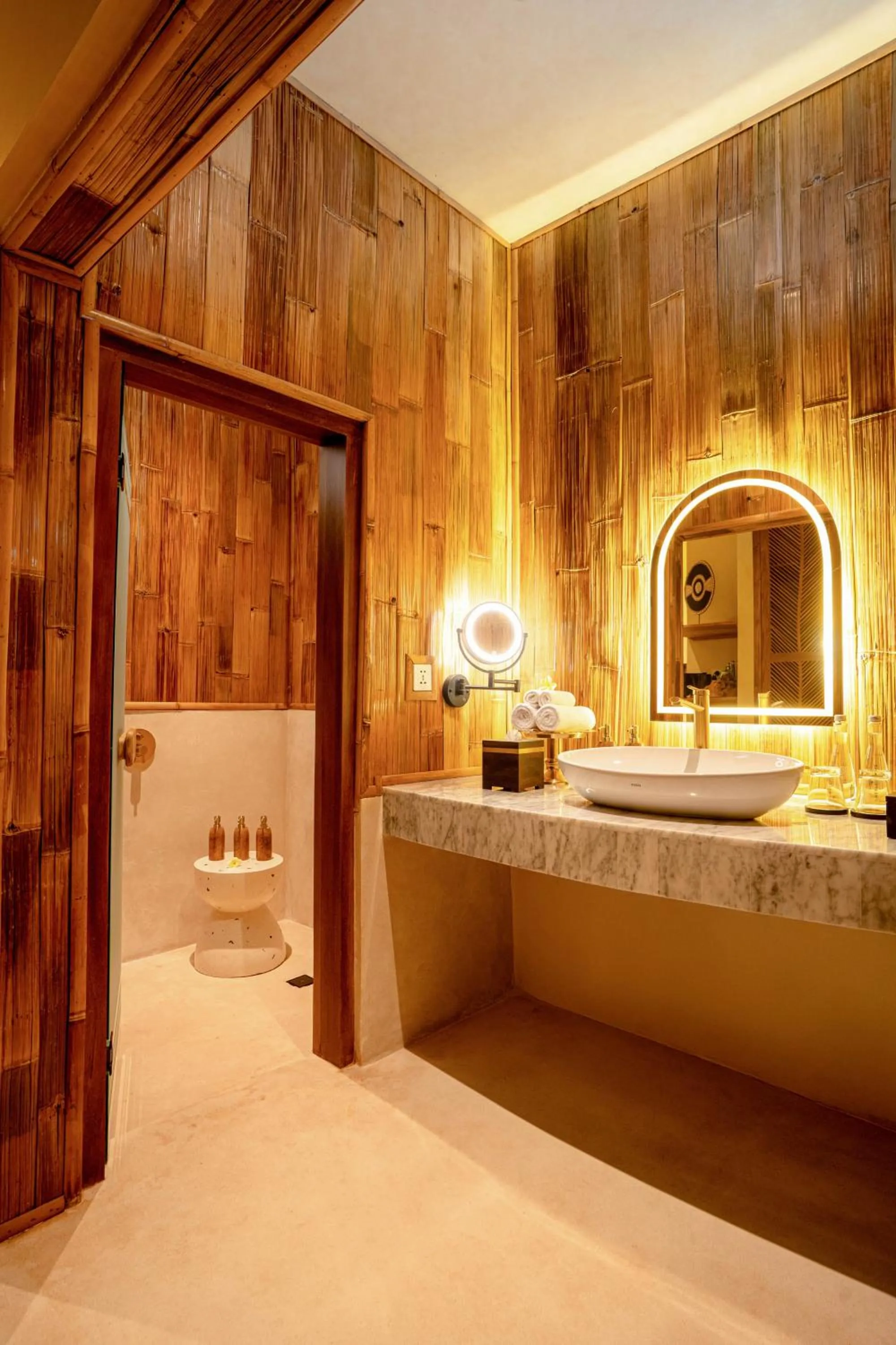 Bathroom, Bed in Bambootel Sawah View