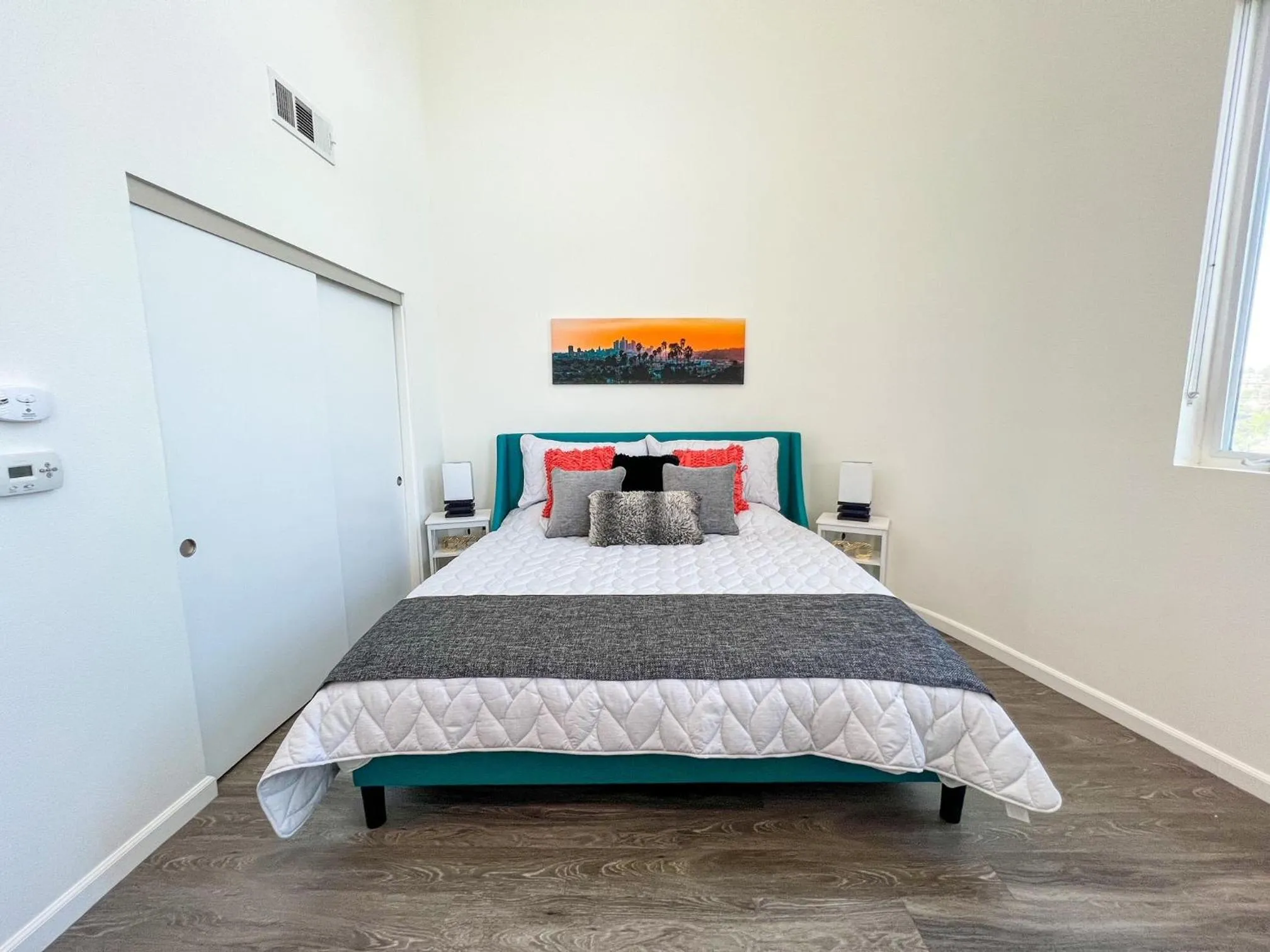 Bed in Downtown Los Angeles Skyline balcony view Modern Penthouse