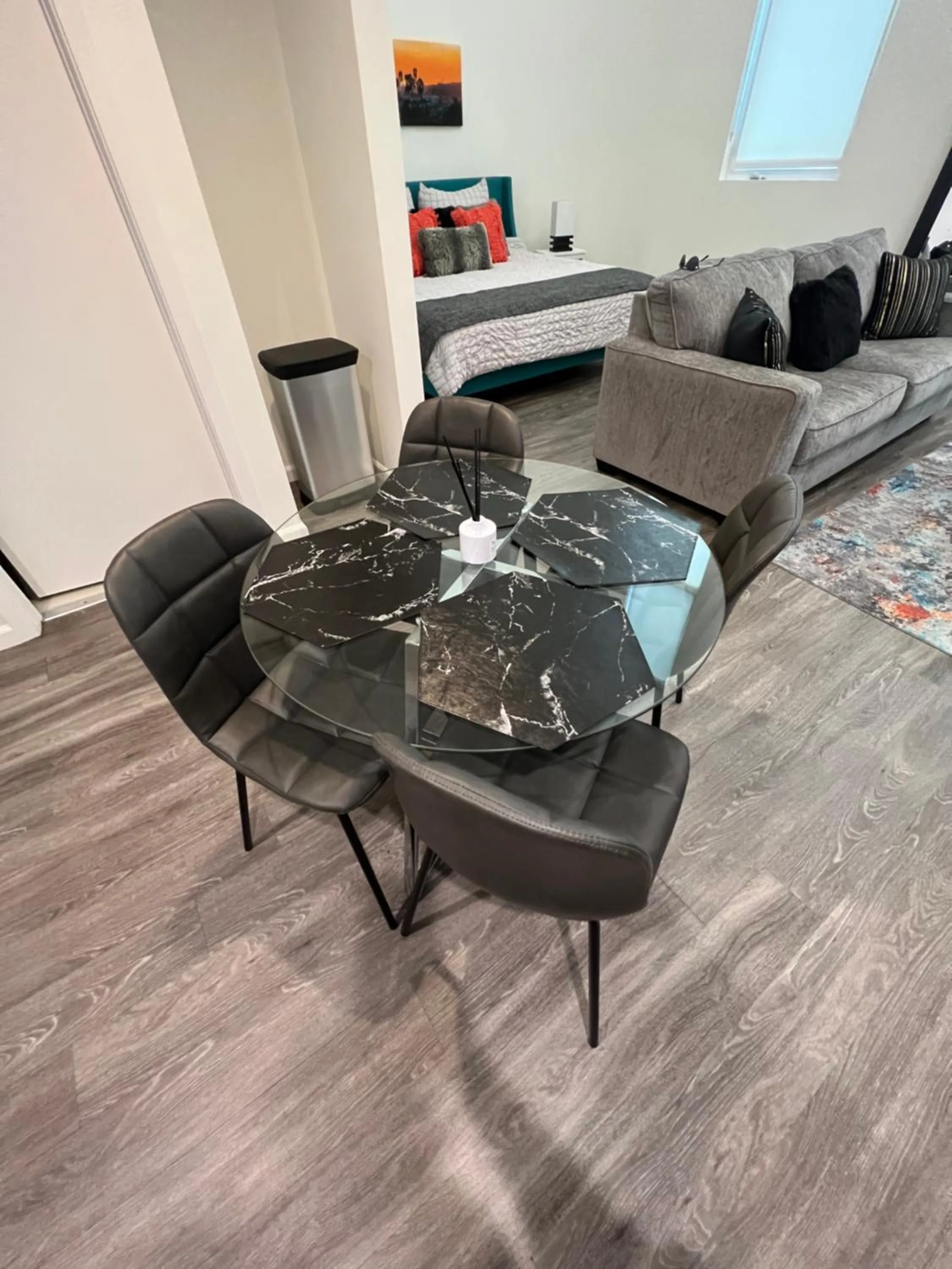 Seating area in Downtown Los Angeles Skyline balcony view Modern Penthouse