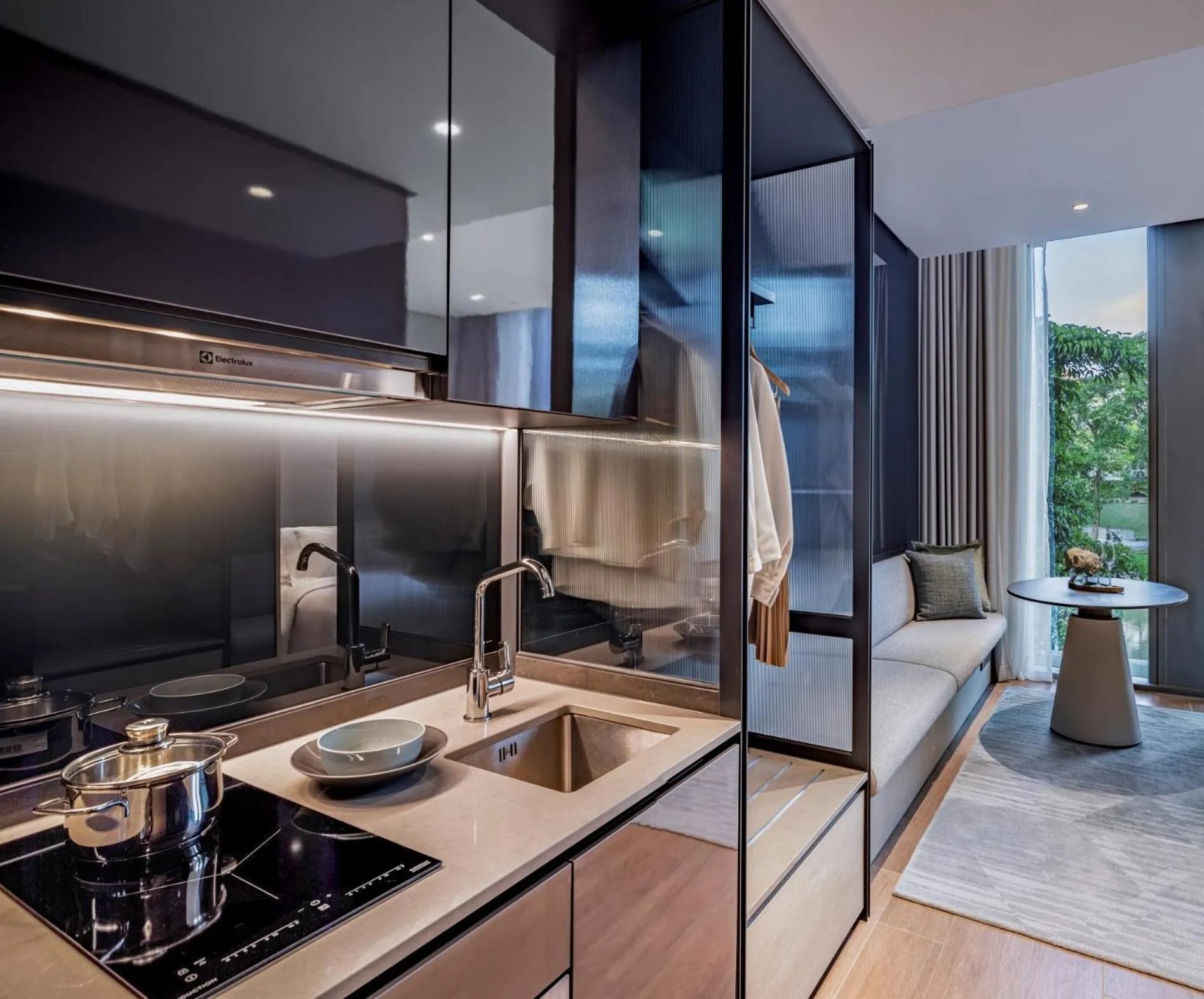 Seating area in Fraser Residence River Promenade, Singapore