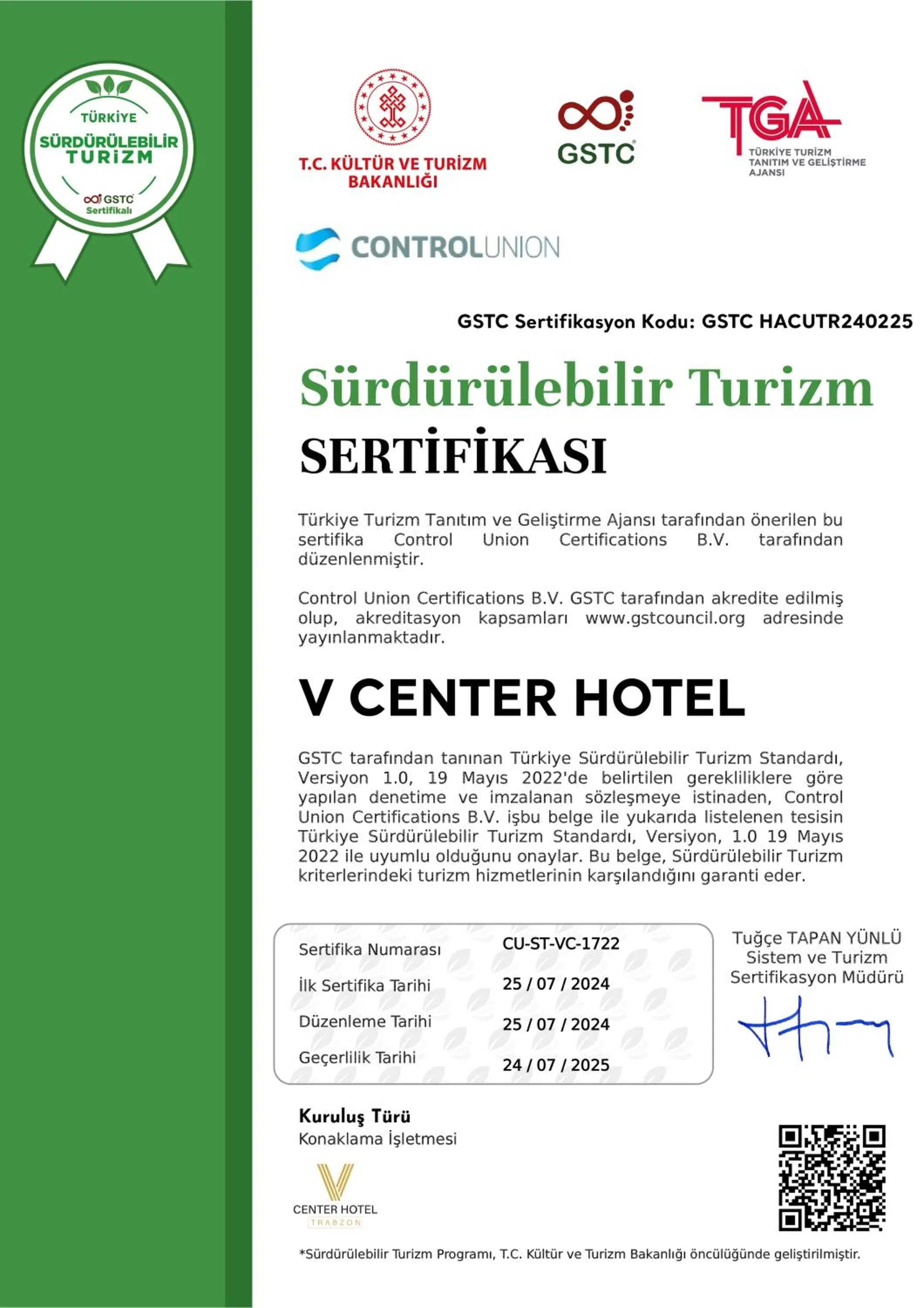Certificate/Award in V Center Hotel