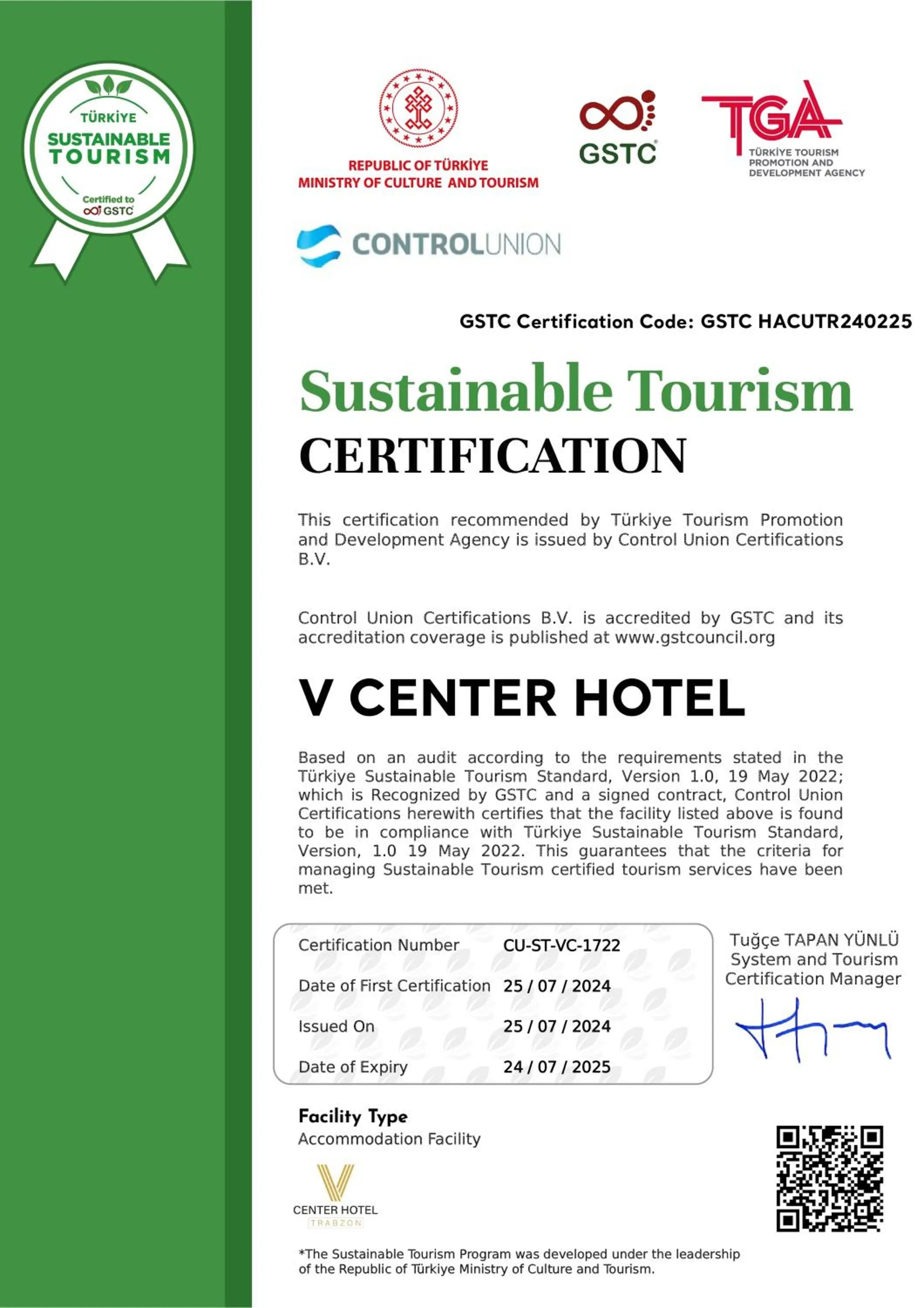 Certificate/Award in V Center Hotel