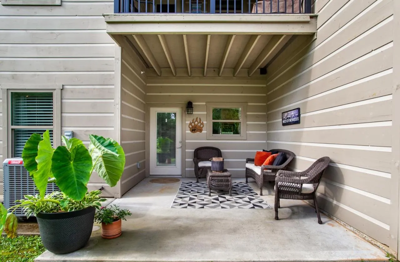 Patio in Elegant End Condo Fireplace Community Amenities