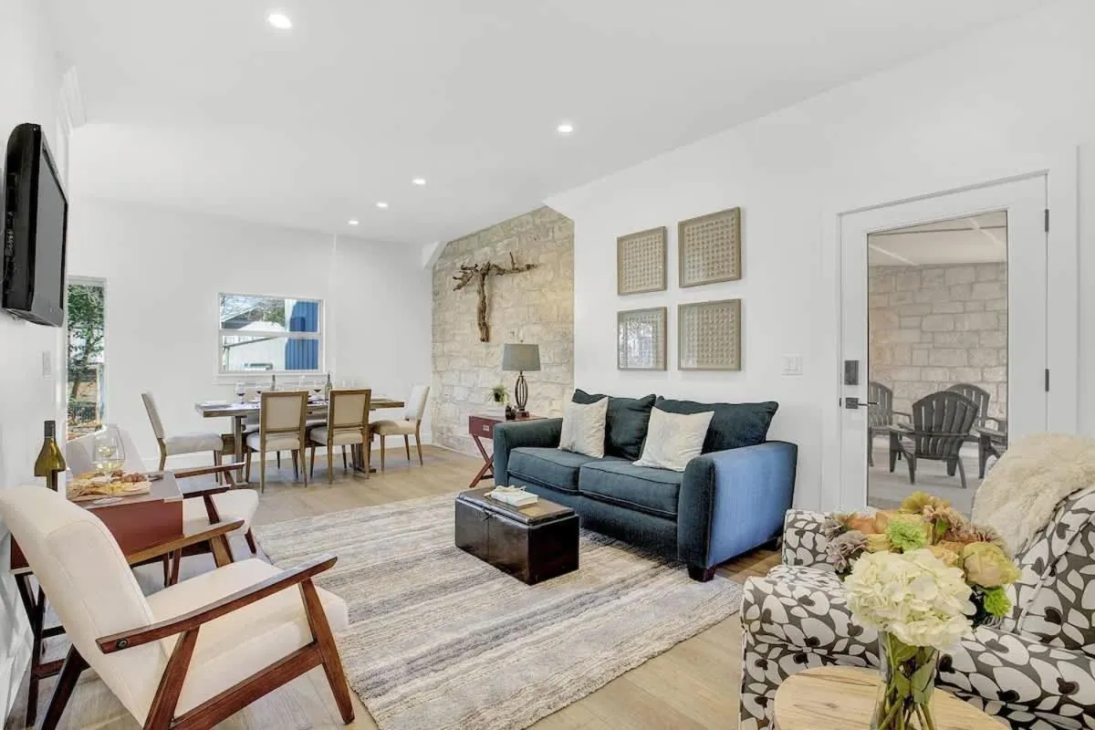 Living room in New! Luxurious Home with Wine Cellar & Firepit!