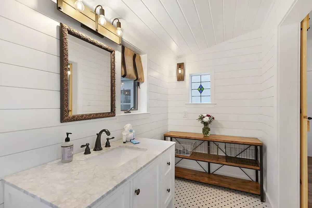 Bathroom in Stunning Home with Hot Tub & Grill Just 2 Blks from Main St!