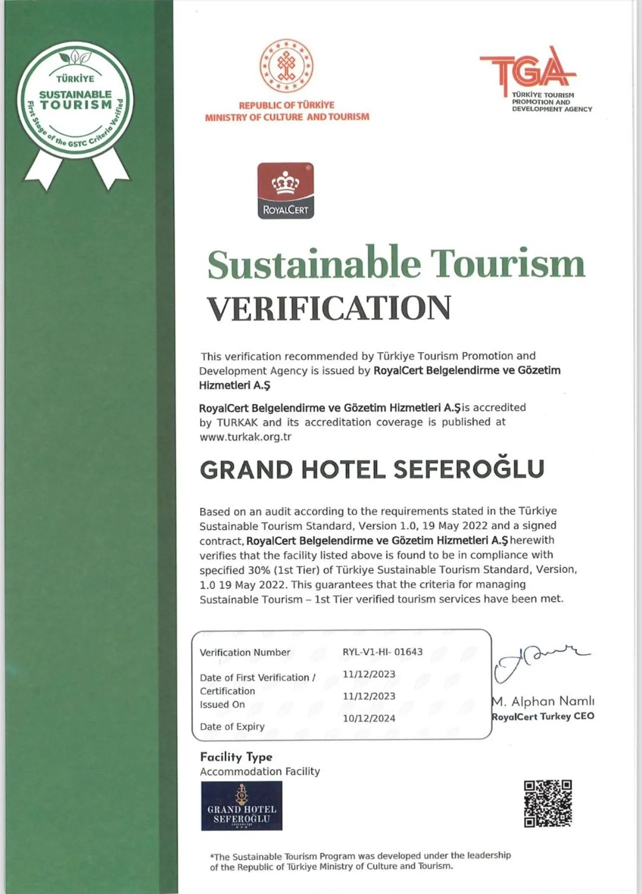 Logo/Certificate/Sign in Grand Hotel Seferoğlu