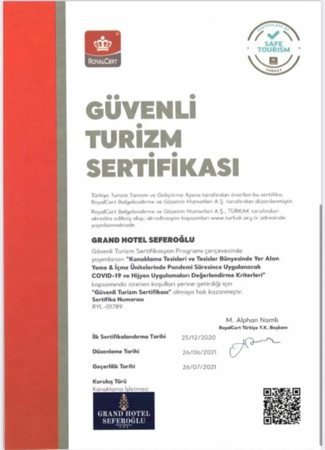 Logo/Certificate/Sign in Grand Hotel Seferoğlu