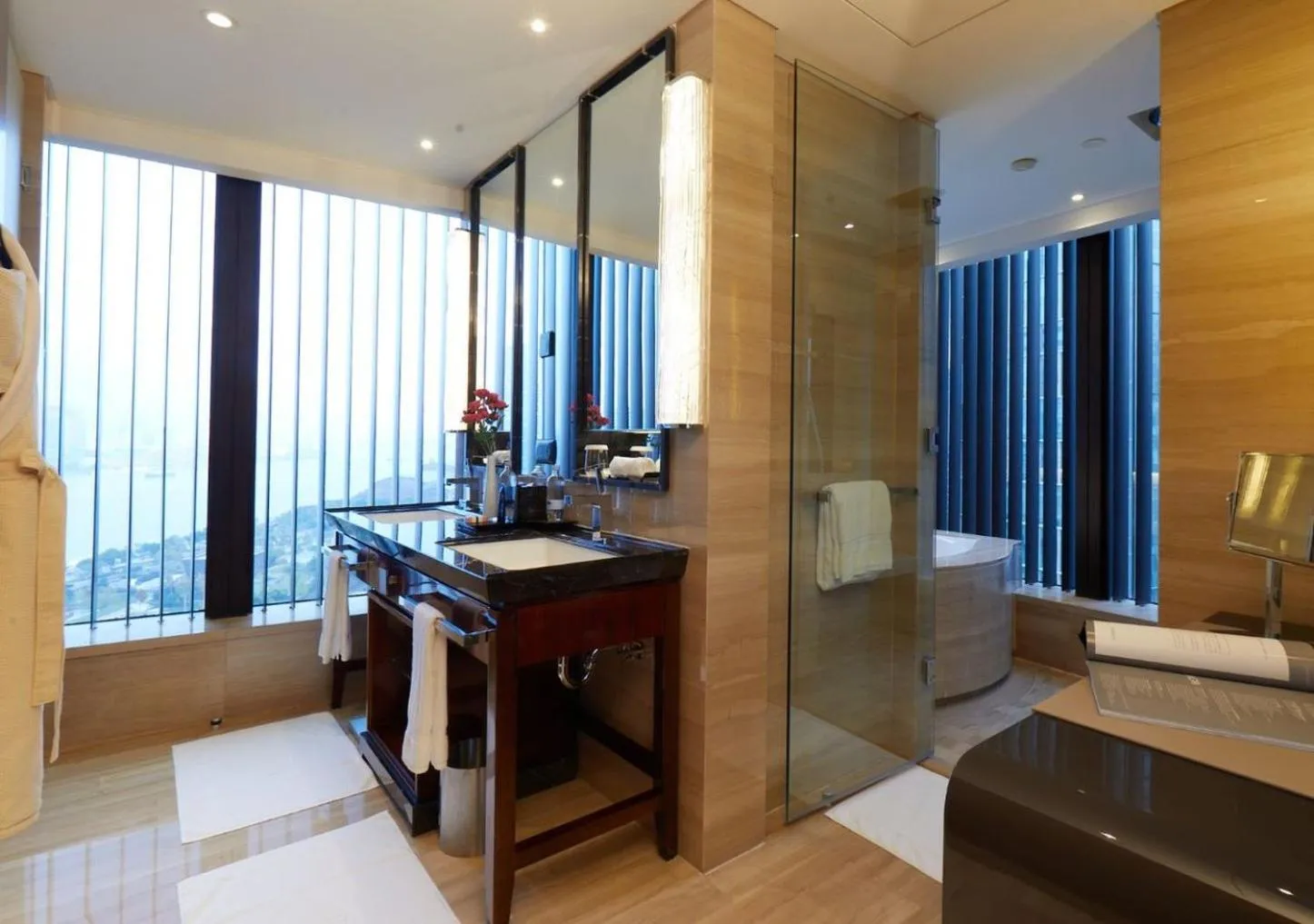 Bathroom, Bed in Mandarin Oriental Pudong, Shanghai